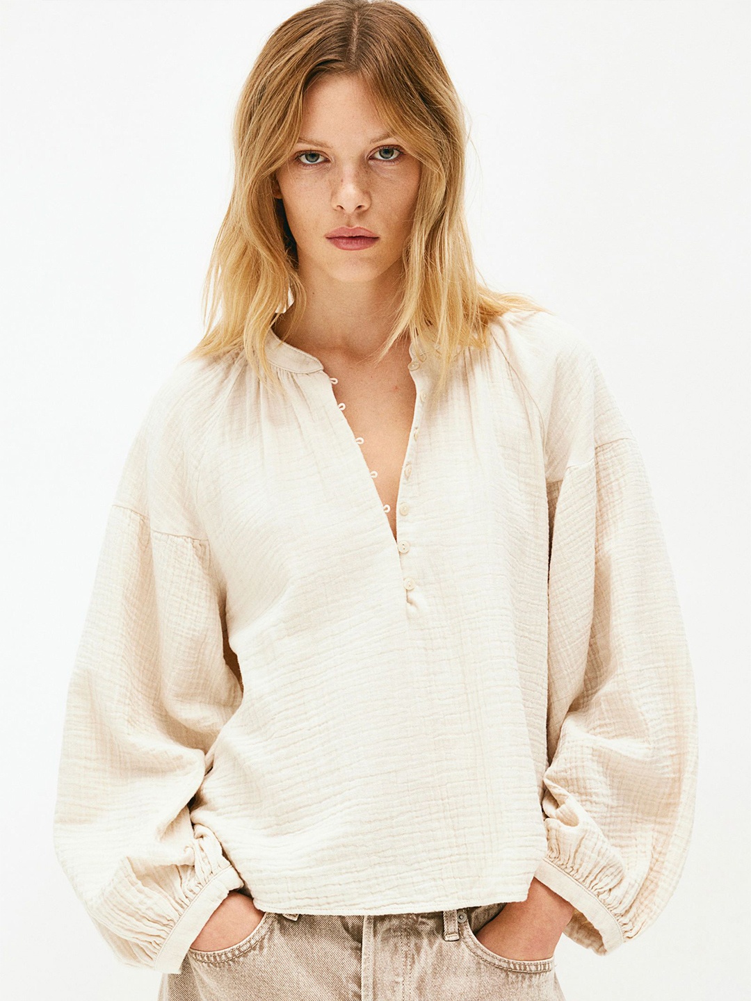 

H&M Women Balloon-Sleeved Muslin Blouse, Beige