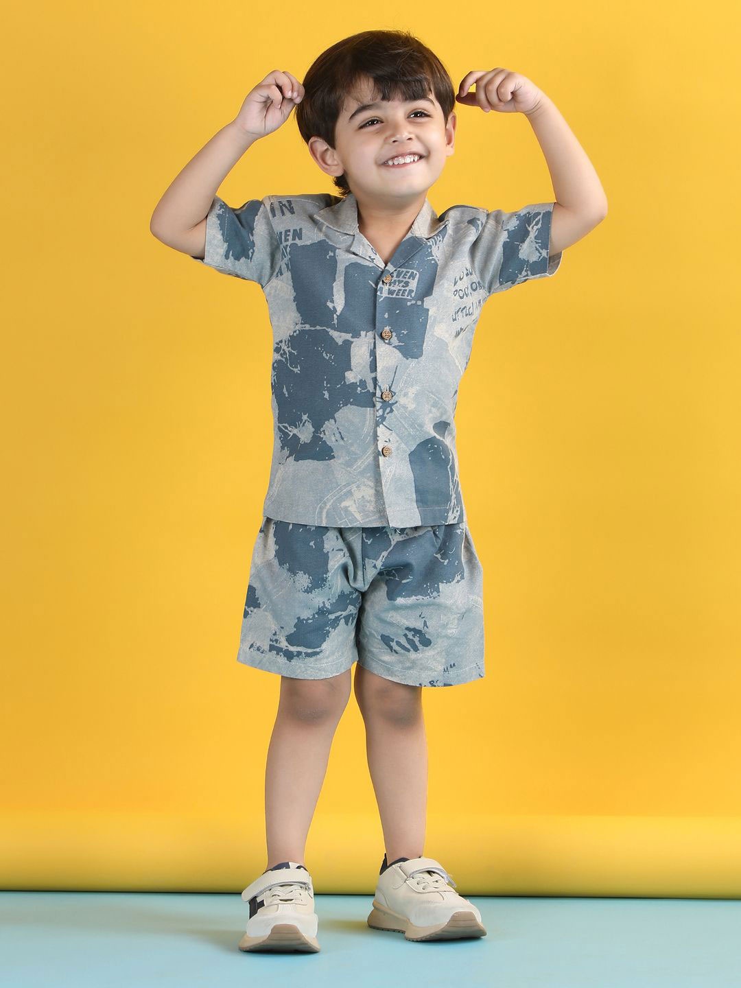 

Polka Tots Boys Printed Shirt with Shorts, Blue