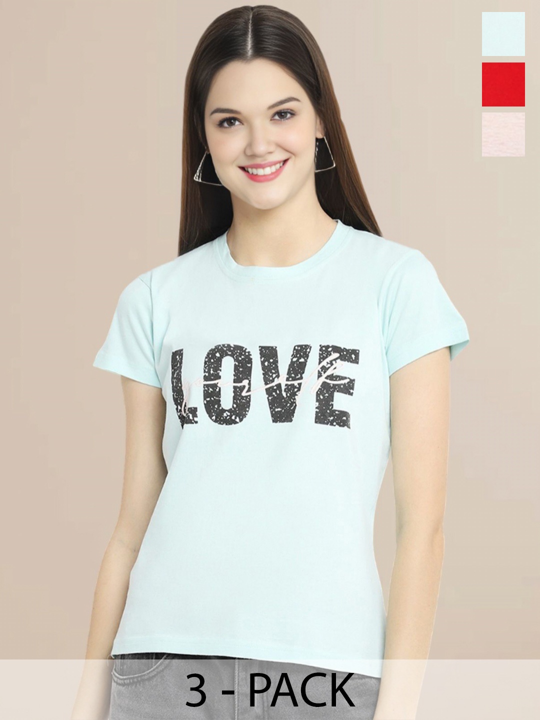 

Metronaut Women Pack Of 3 Typography Printed Round Neck Cotton T-shirts, Peach