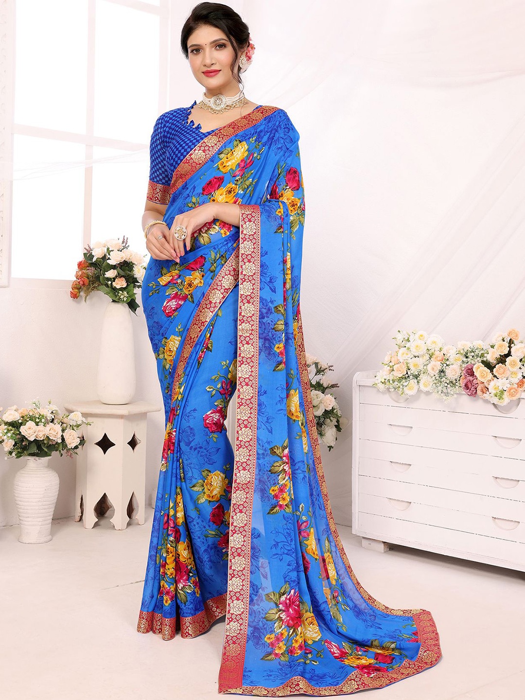 

KALINI Floral Zari Poly Georgette Saree, Blue