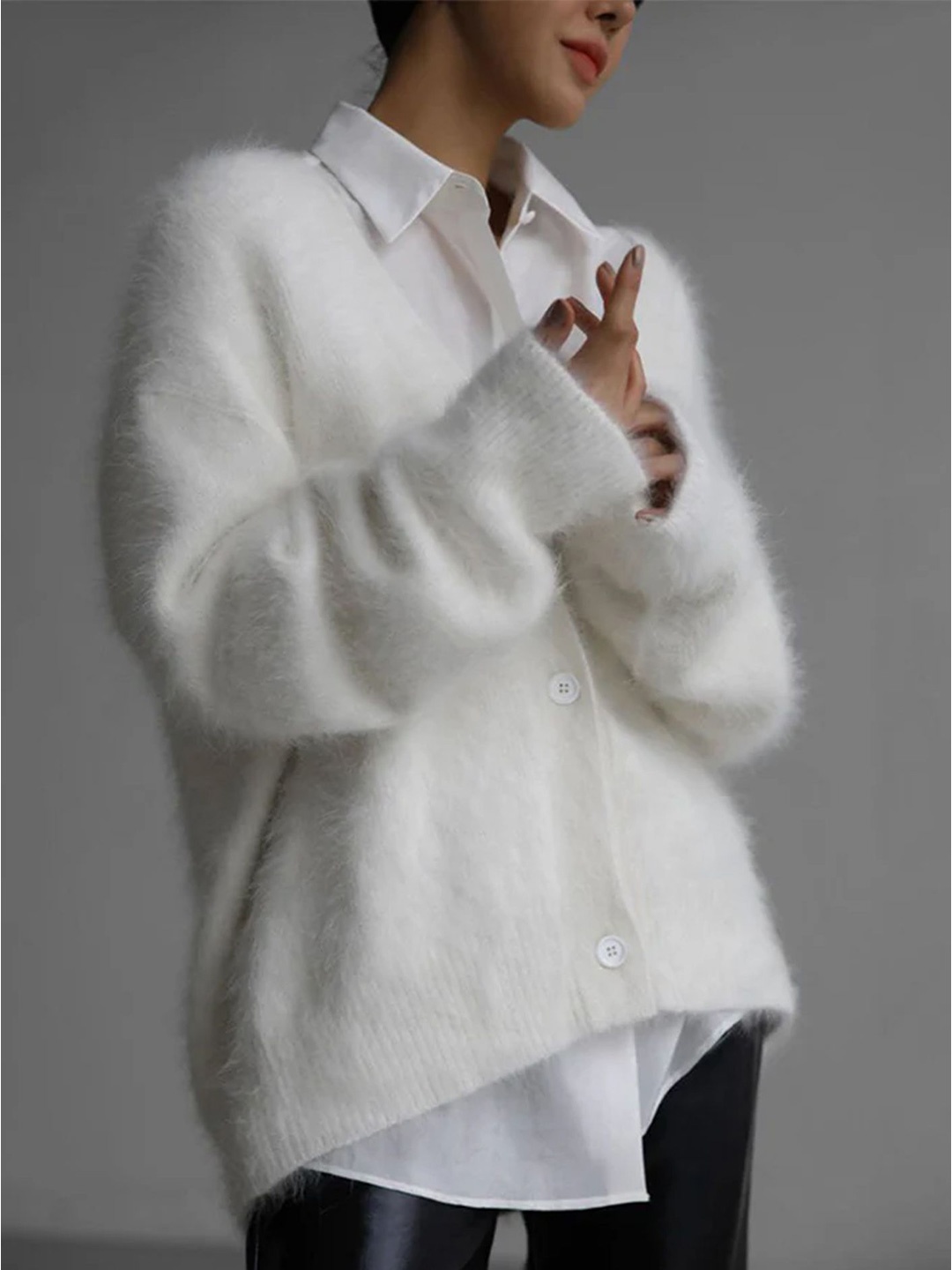 

LULU & SKY Women Cardigan with Fuzzy Detail, White