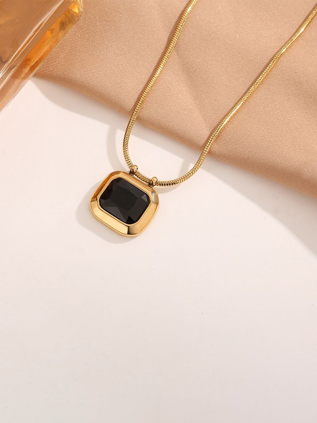 

Just Lil Things Stone Studded Square Shaped Pendant With Chain, Gold