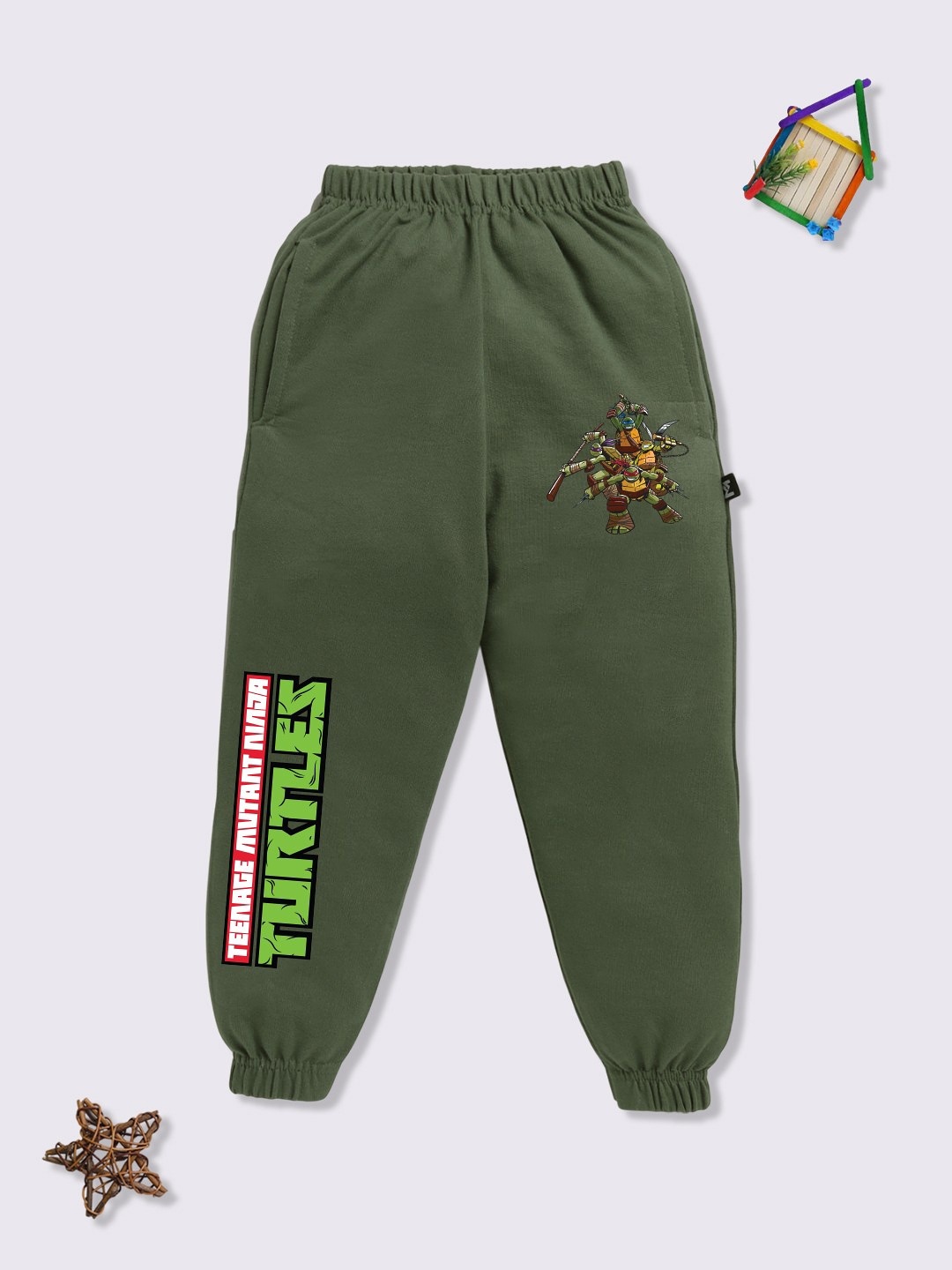 

YK X Minute Mirth Boys Ninja Turtle Printed Mid-Rise Joggers, Green