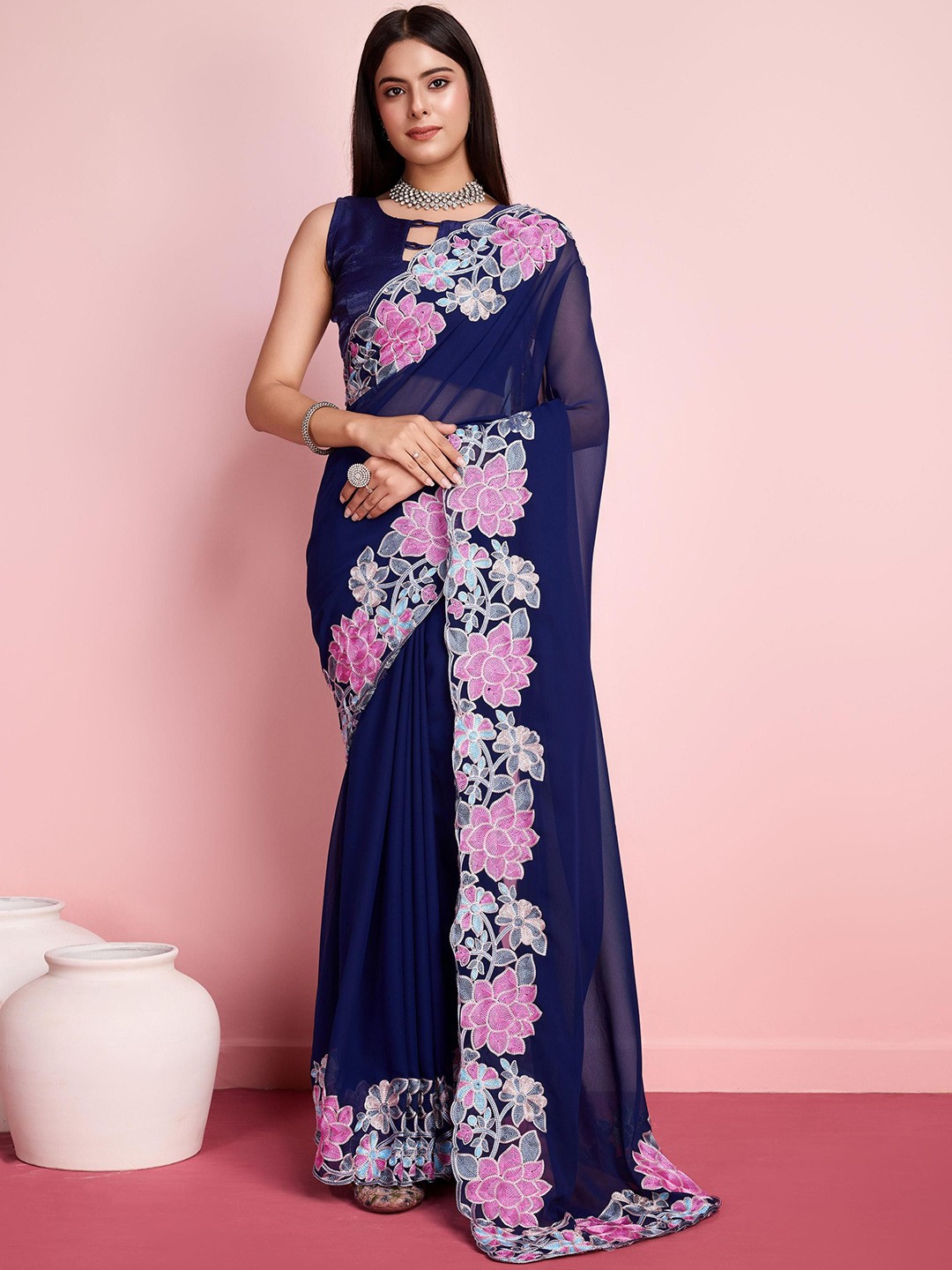 

HERE&NOW Floral Embroidered Ready to Wear Saree, Blue