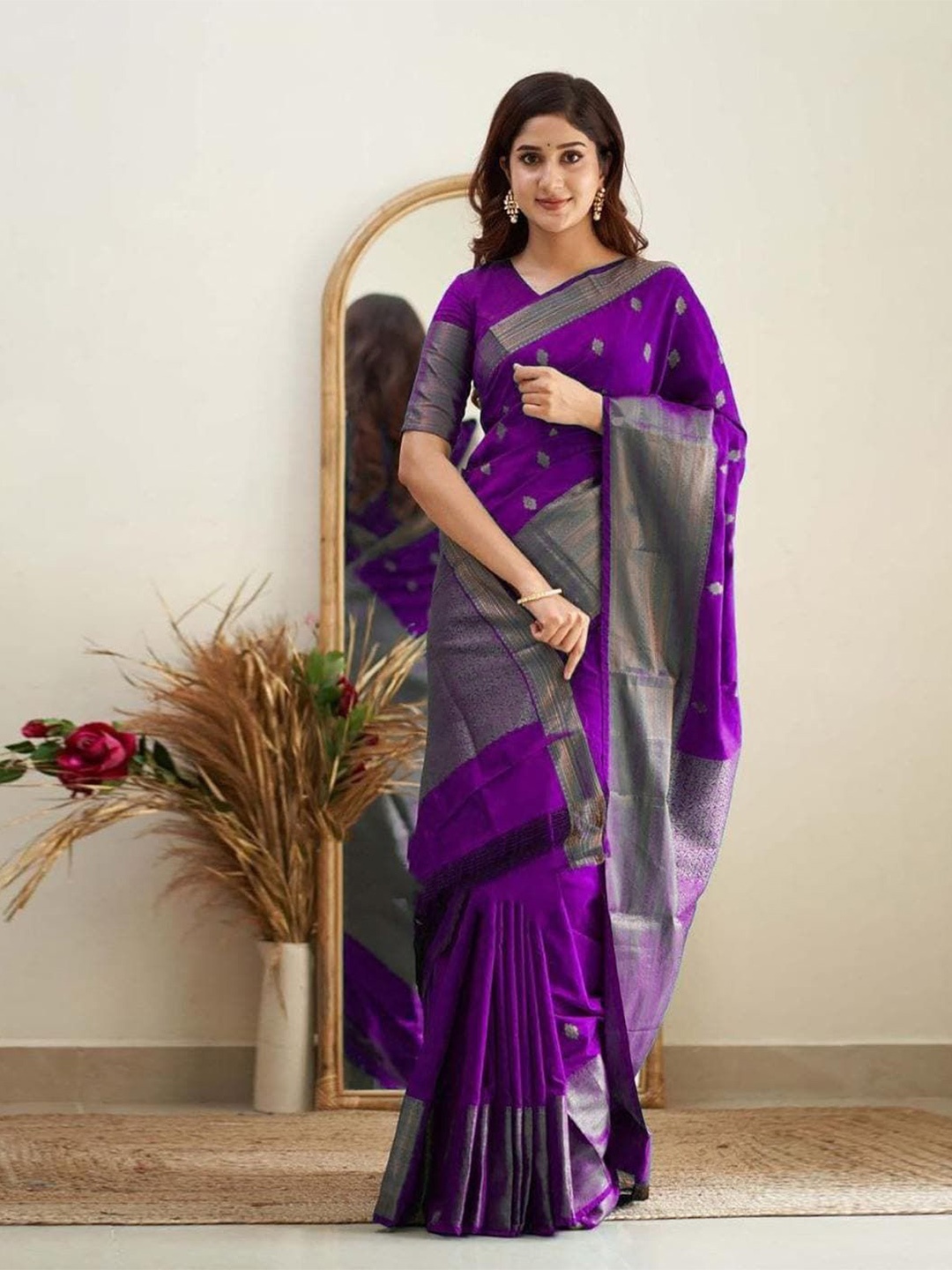 

KALINI Woven Design Zari Art Silk Banarasi Saree, Purple