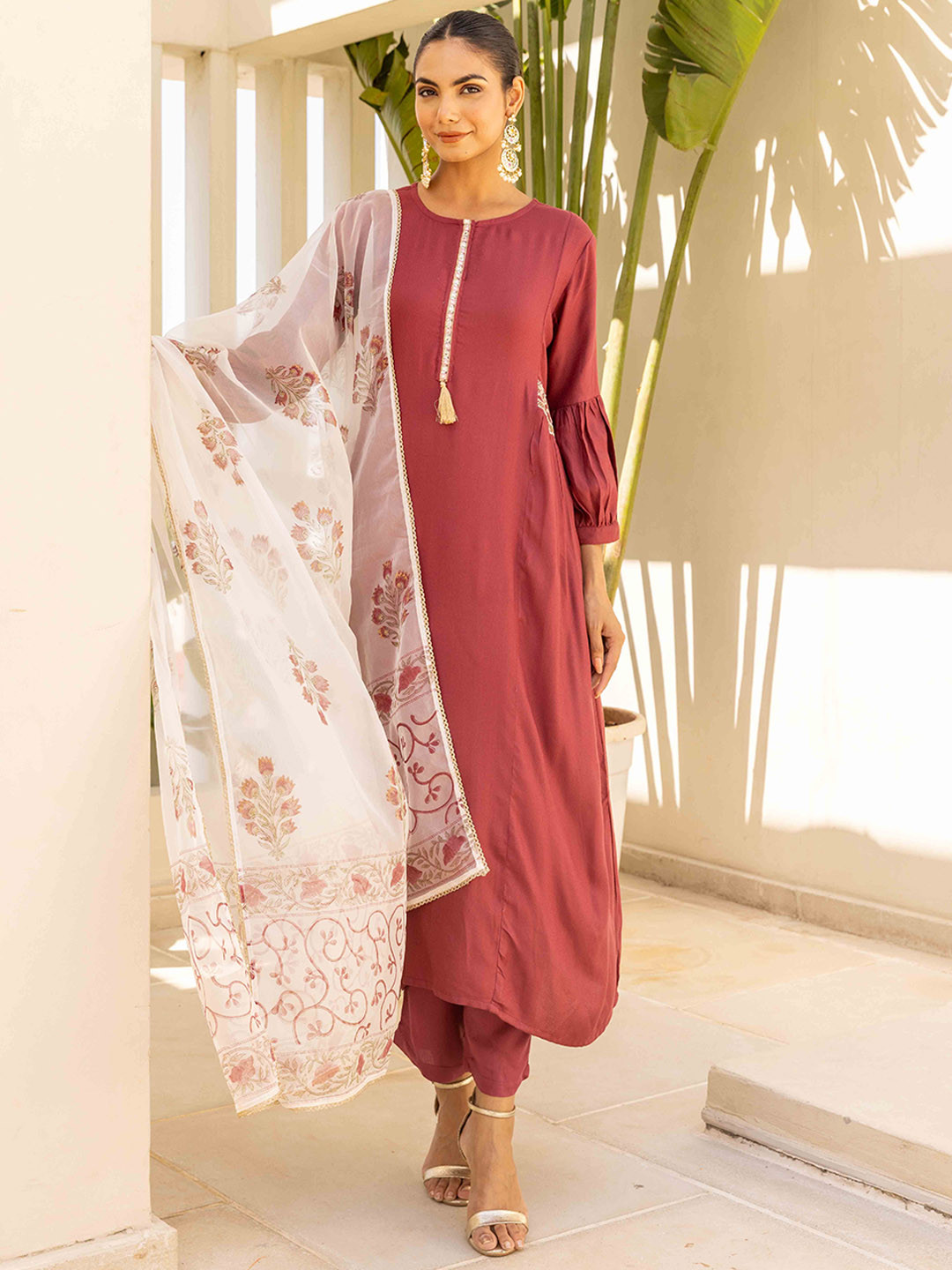 

HERE&NOW Women Embroidered Regular Kurta with Trousers & With Dupatta, Brown