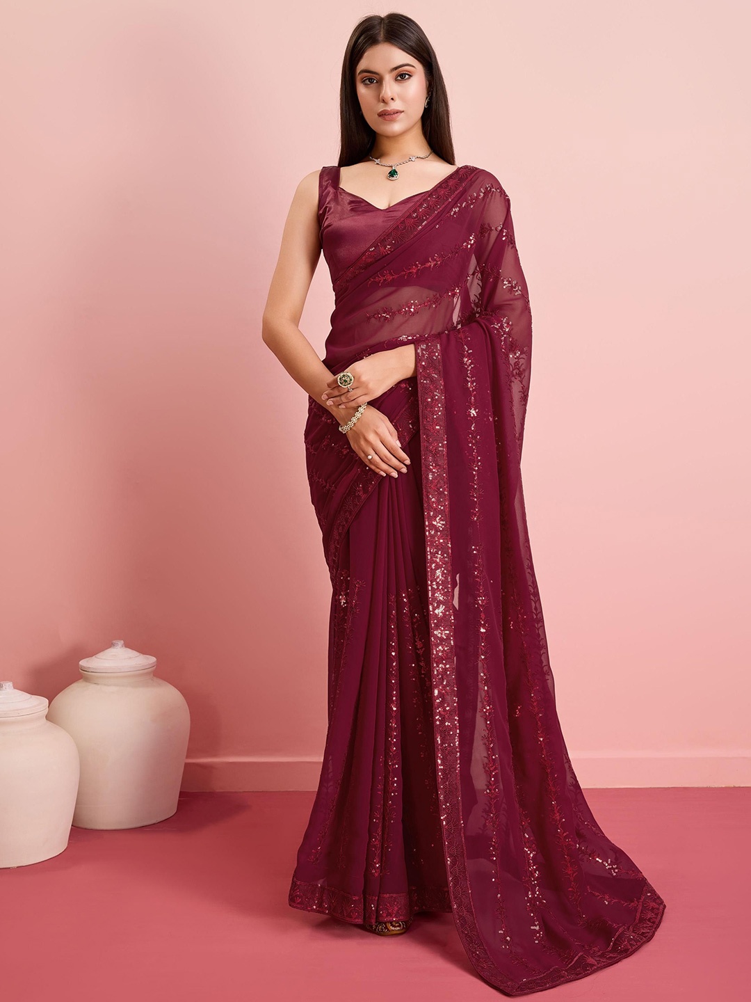 

HERE&NOW Embellished Sequinned Ready to Wear Saree, Magenta