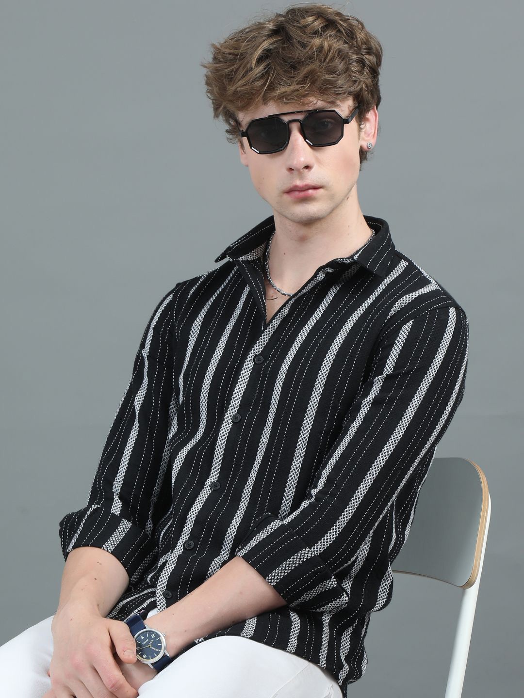 

PAUL STREET Men Modern Tailored Fit Opaque Striped Casual Shirt, Black