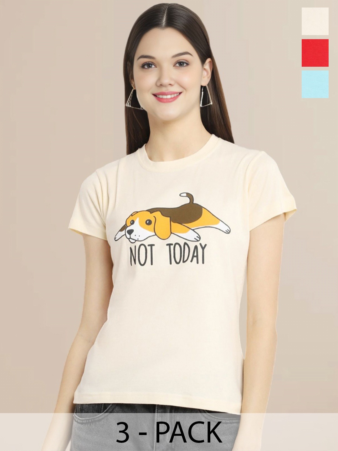 

Metronaut Women Pack Of 3 Graphic Printed Round Neck Cotton Looney Tunes T-shirts, Blue