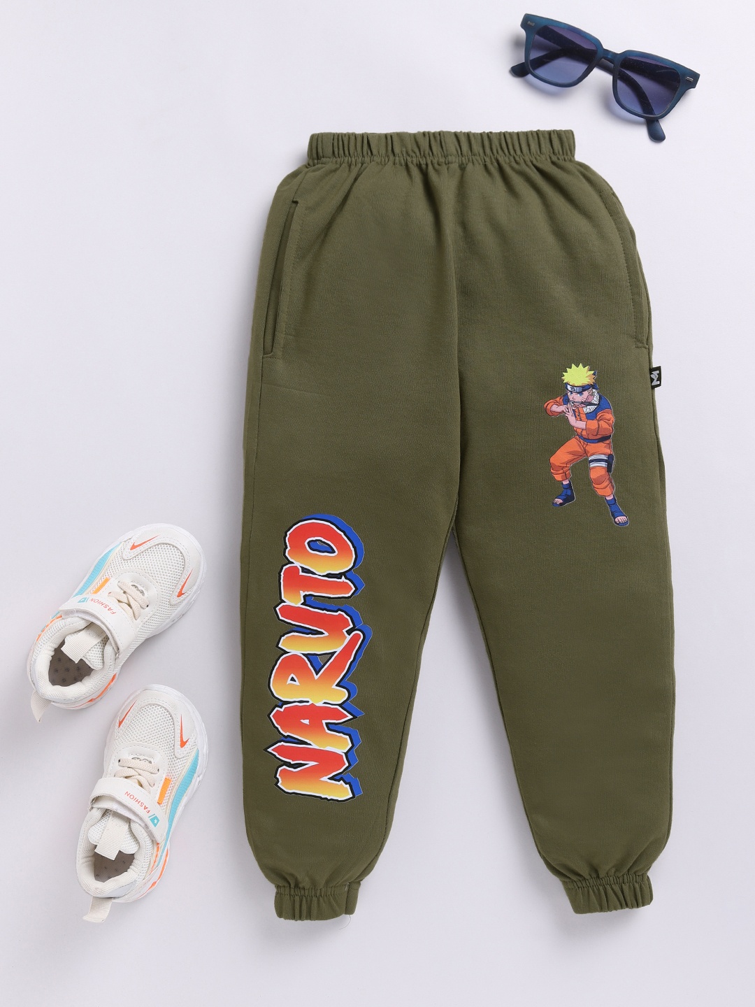 

YK X Minute Mirth Boys Naruto Printed Pure Cotton Joggers, Olive