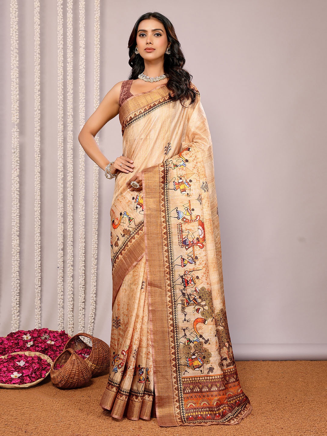 

KALINI Warli Silk Blend Chanderi Saree, Beige