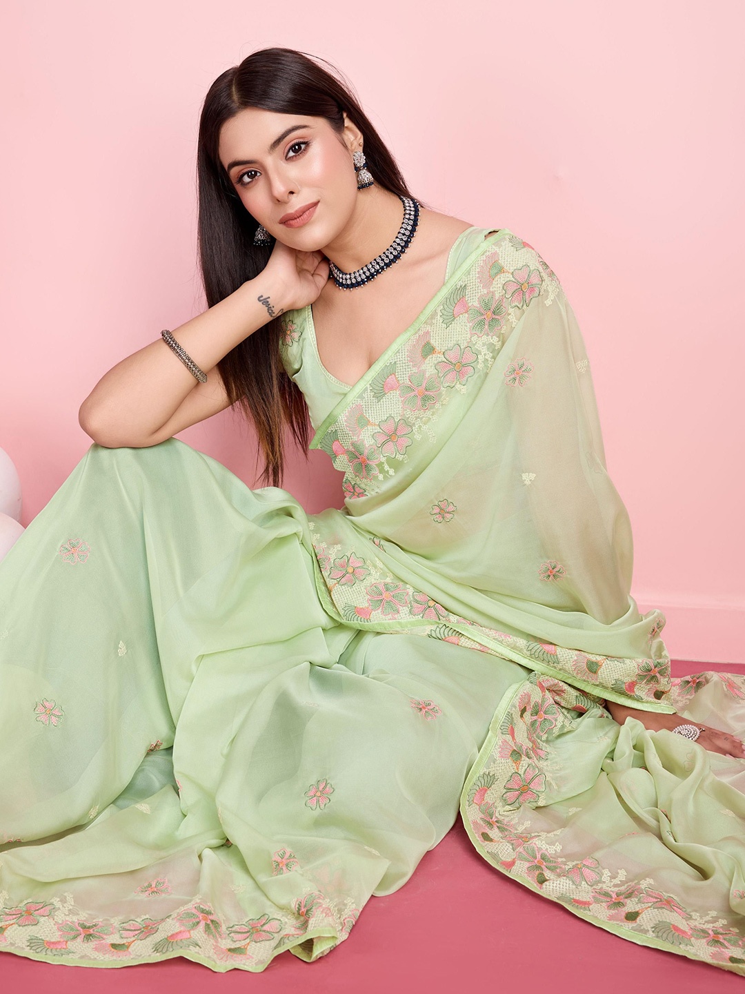 

HERE&NOW Floral Embroidered Ready to Wear Saree, Olive