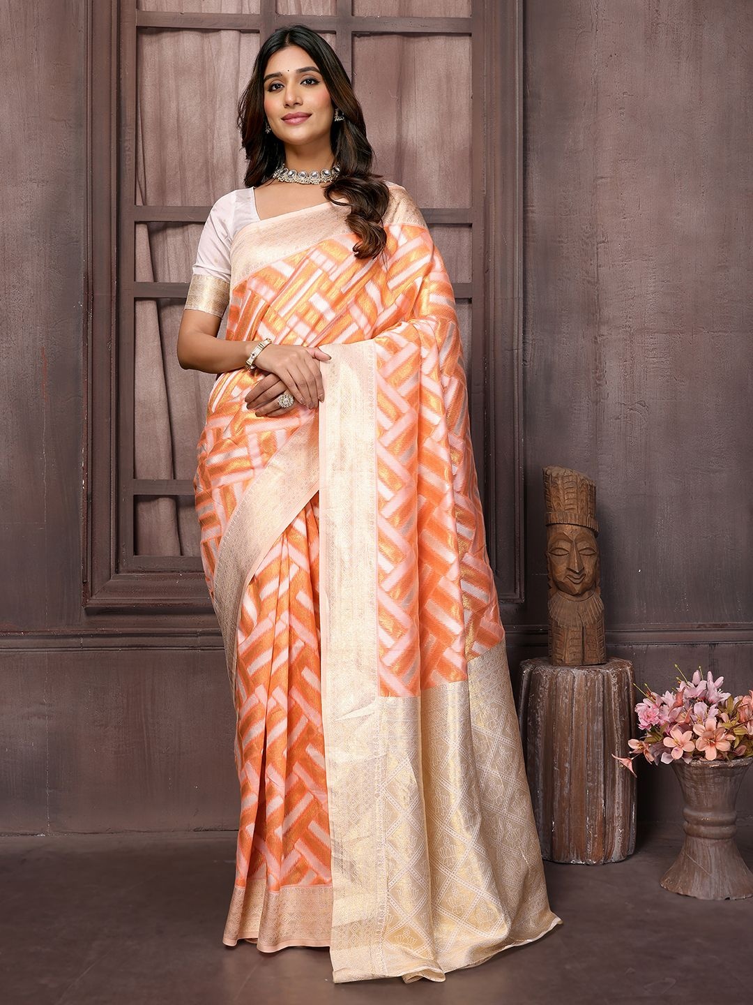 

KALINI Women Cotton Geometric Woven Design Saree With Blouse Piece, Peach