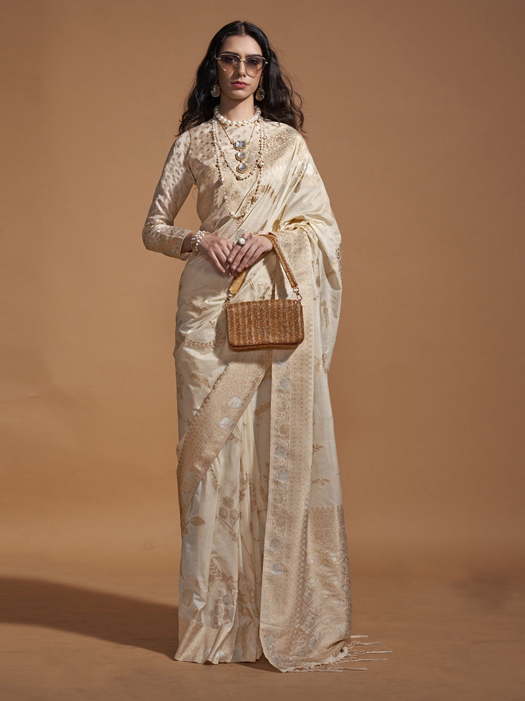 

Mitera Woven Design Zari Pure Georgette Banarasi Saree, Cream