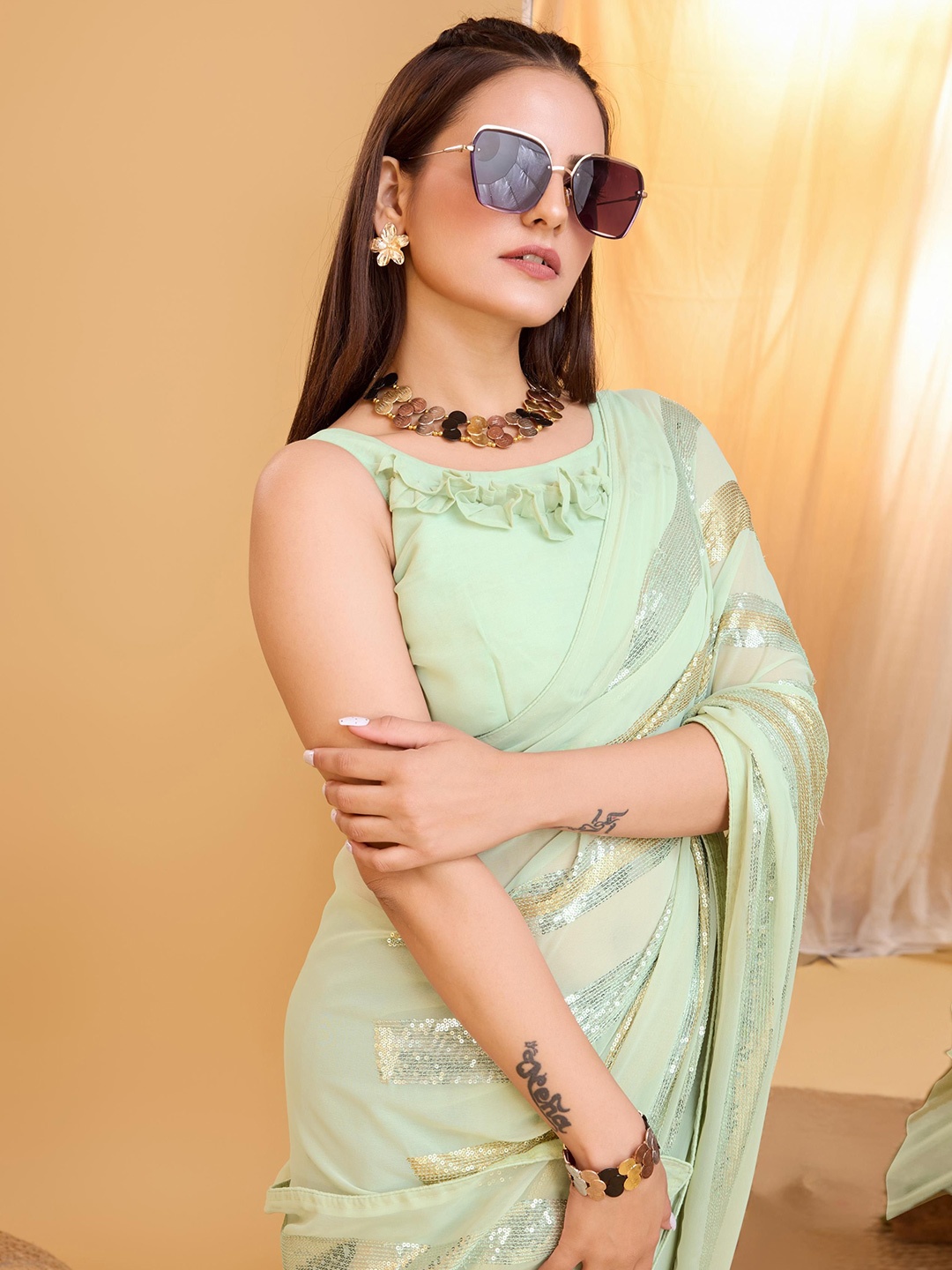

HERE&NOW Embellished Ready To Wear Saree, Olive