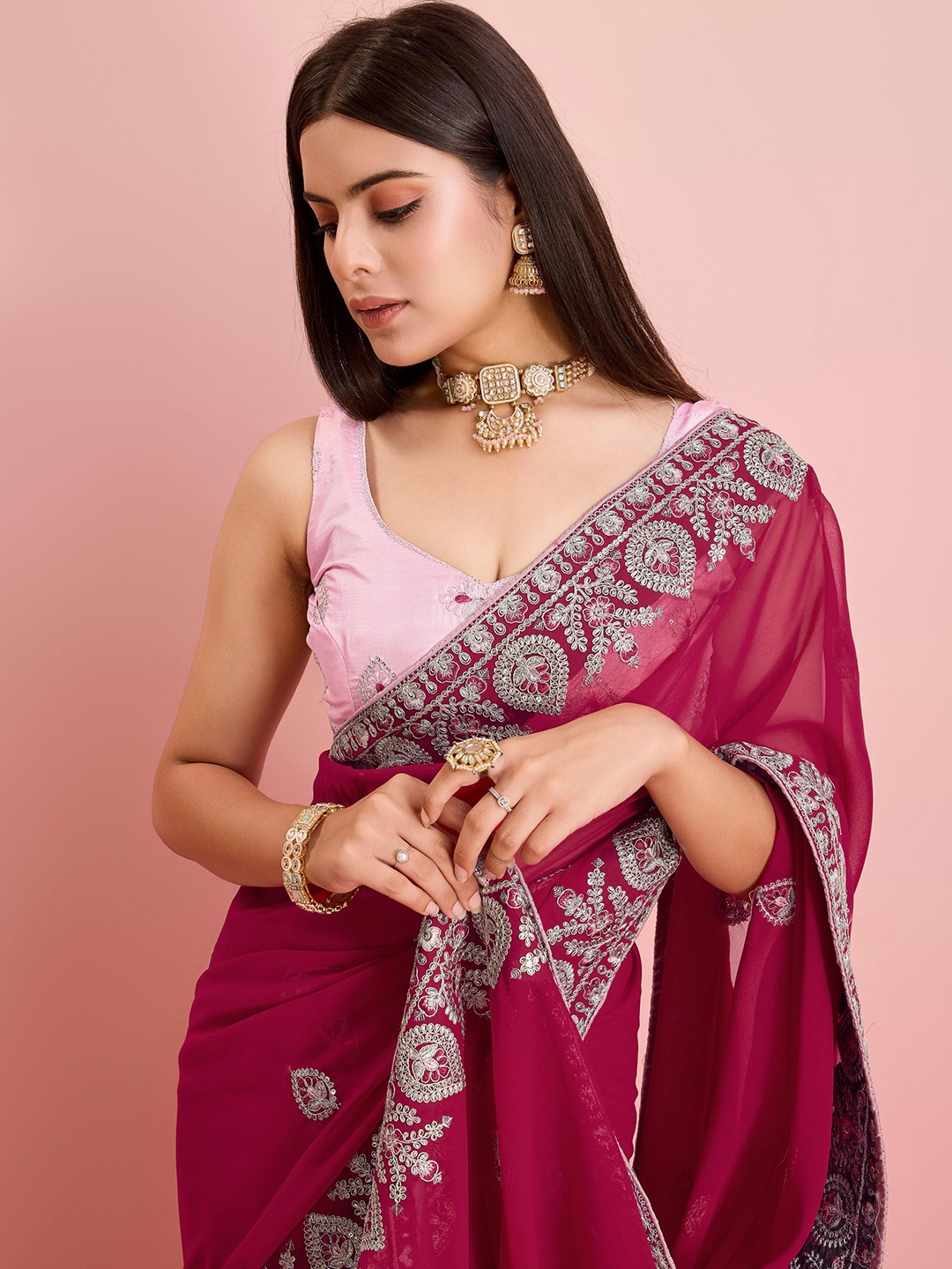 

HERE&NOW Floral Embroidered Ready to Wear Saree, Maroon