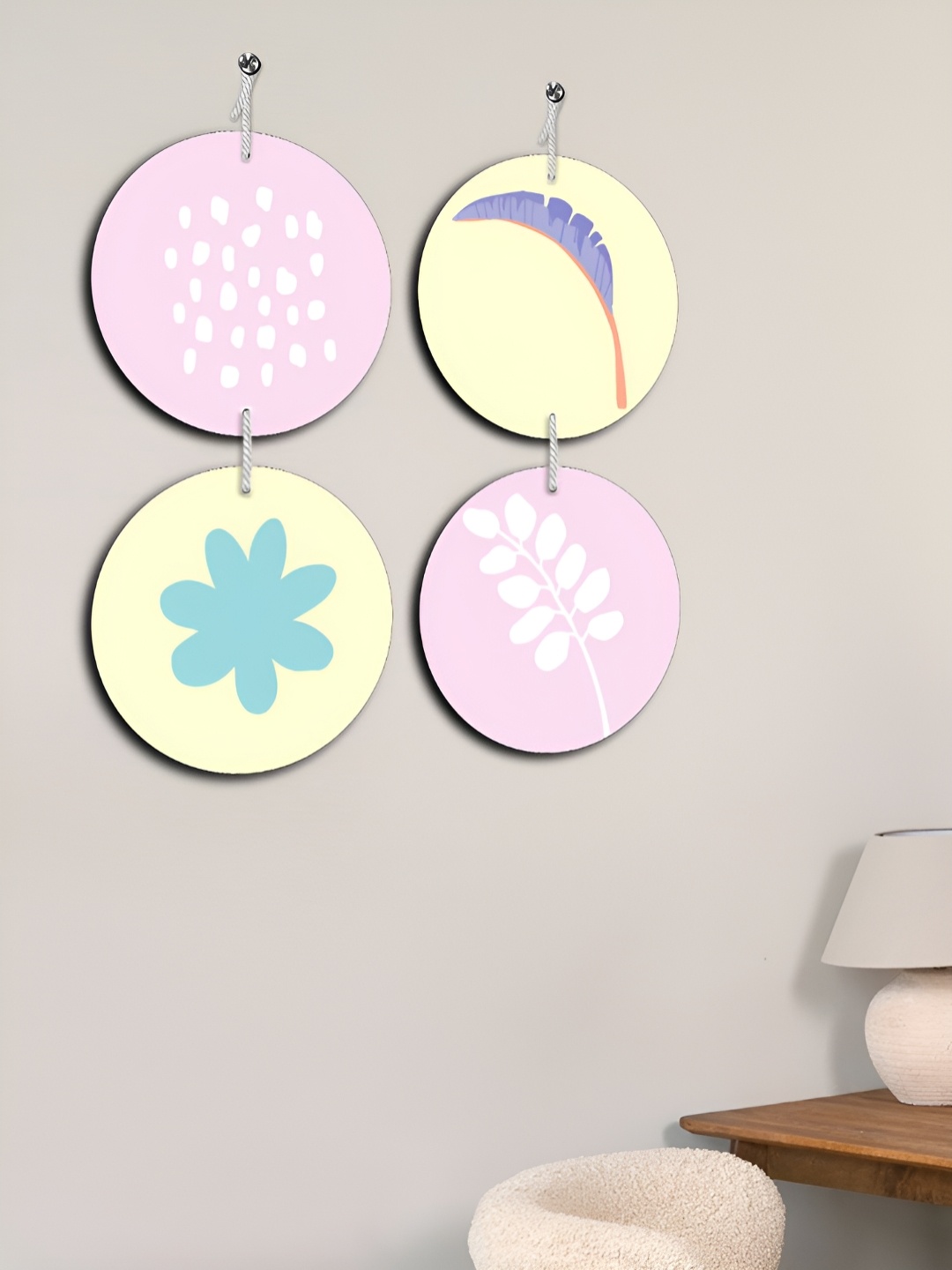 

OLIVE TREE Pink & Yellow Set Of 4 Wooded Tree Wall Hanging