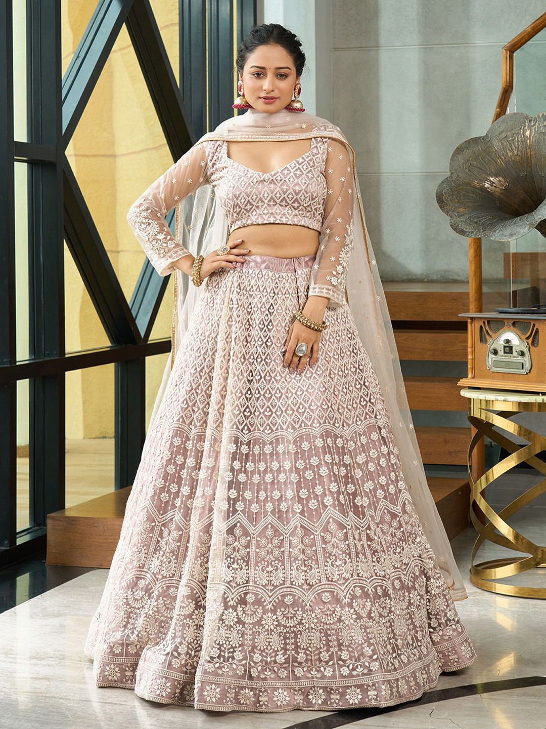 

Warthy Ent Embroidered Thread Work Semi-Stitched Lehenga & Unstitched Blouse With Dupatta, Beige