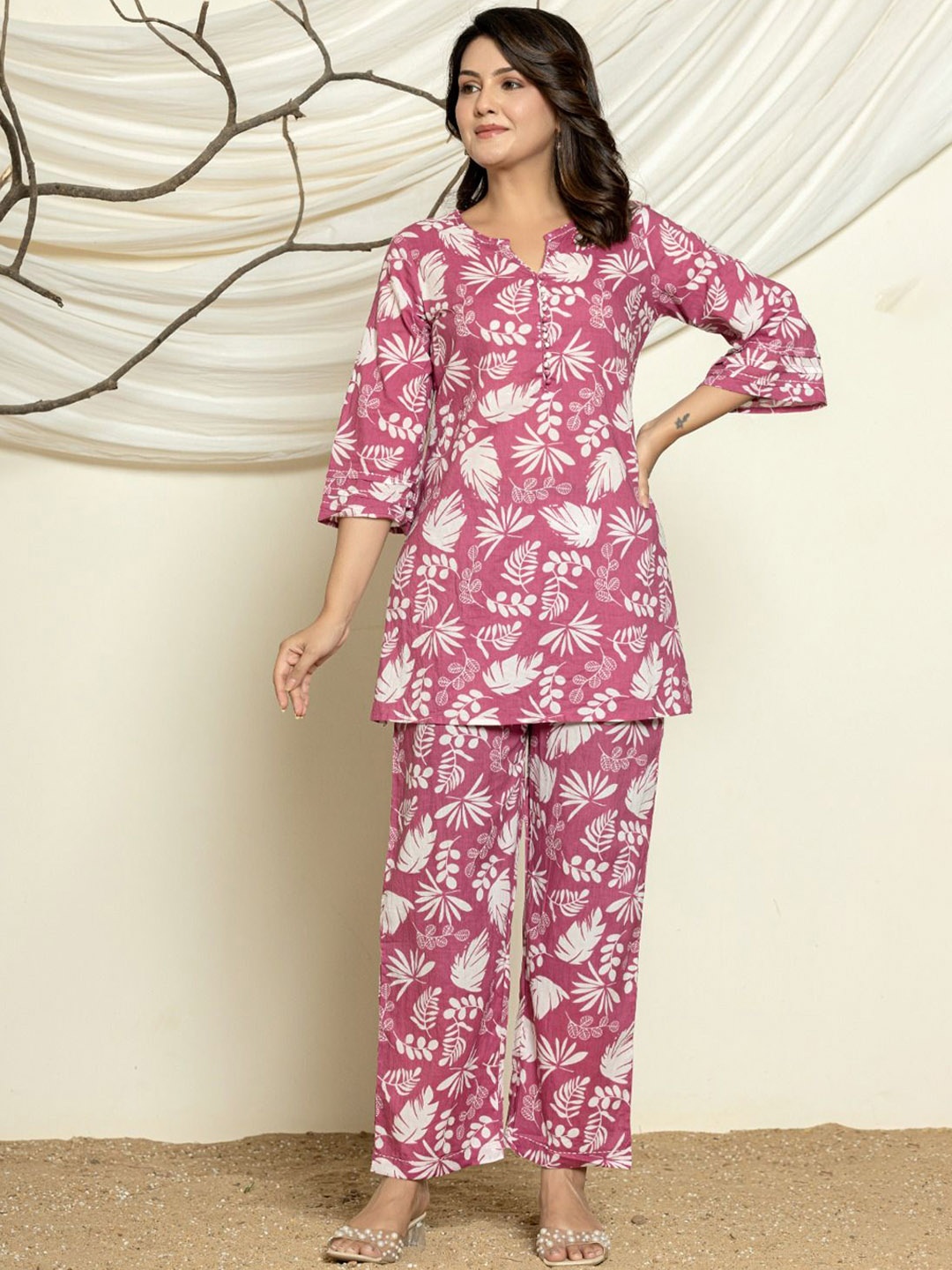 

KALINI Printed Pure Cotton Top With Trousers Co-Ords, Pink