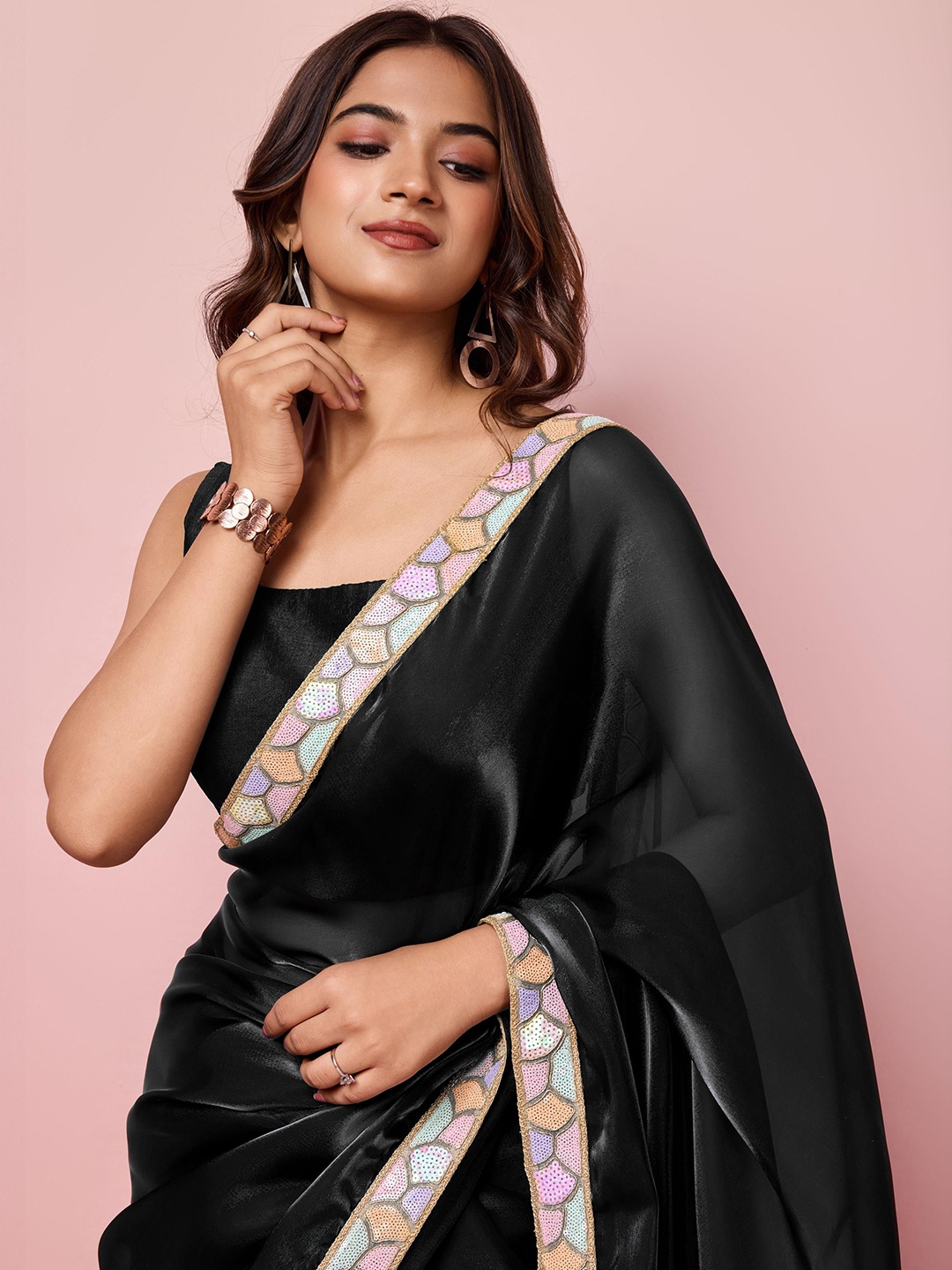 

HERE&NOW Solid Sequinned Ready to Wear Saree, Black