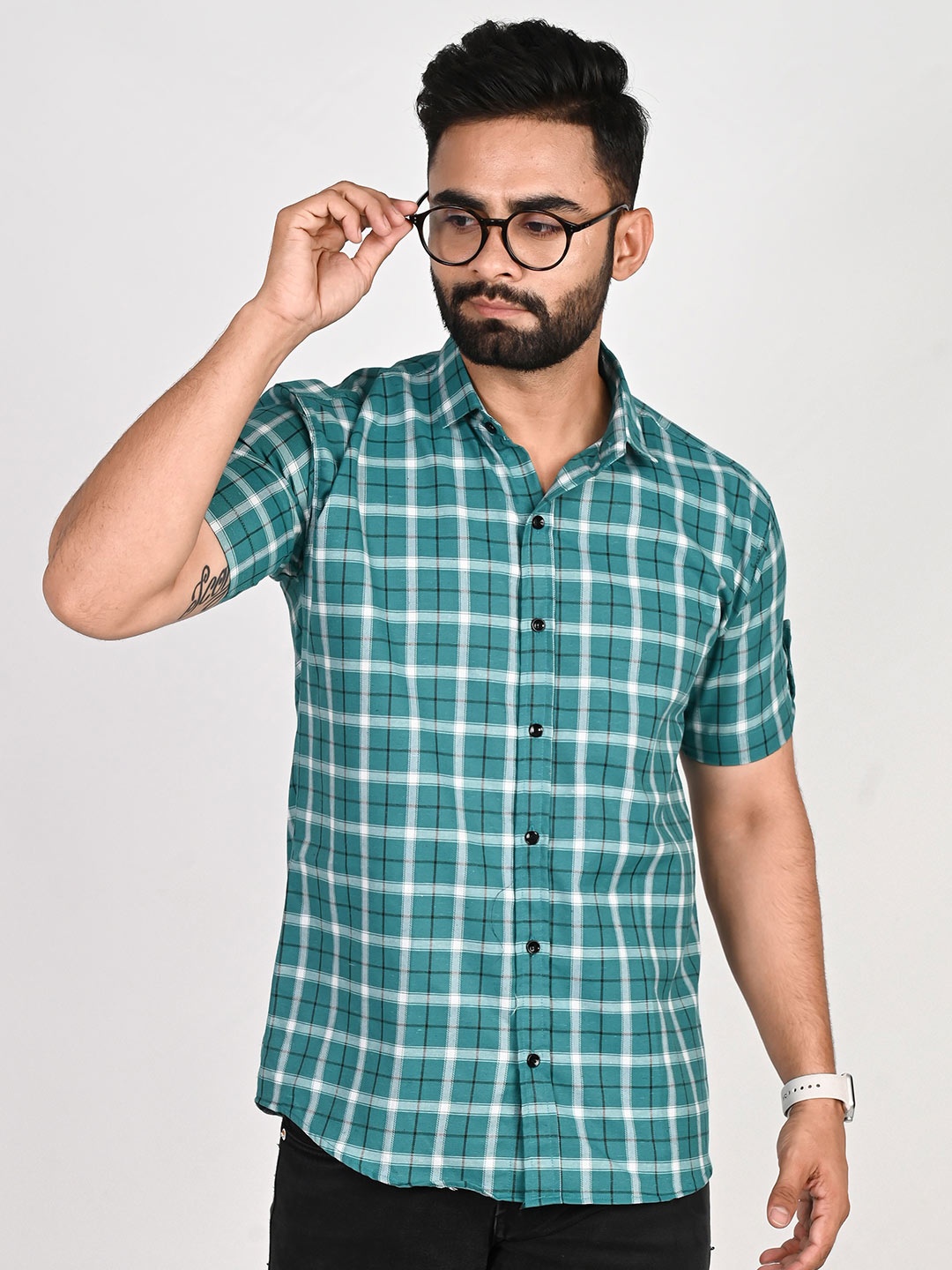 

Tanip Men Comfort Sheer Checked Casual Shirt, Green