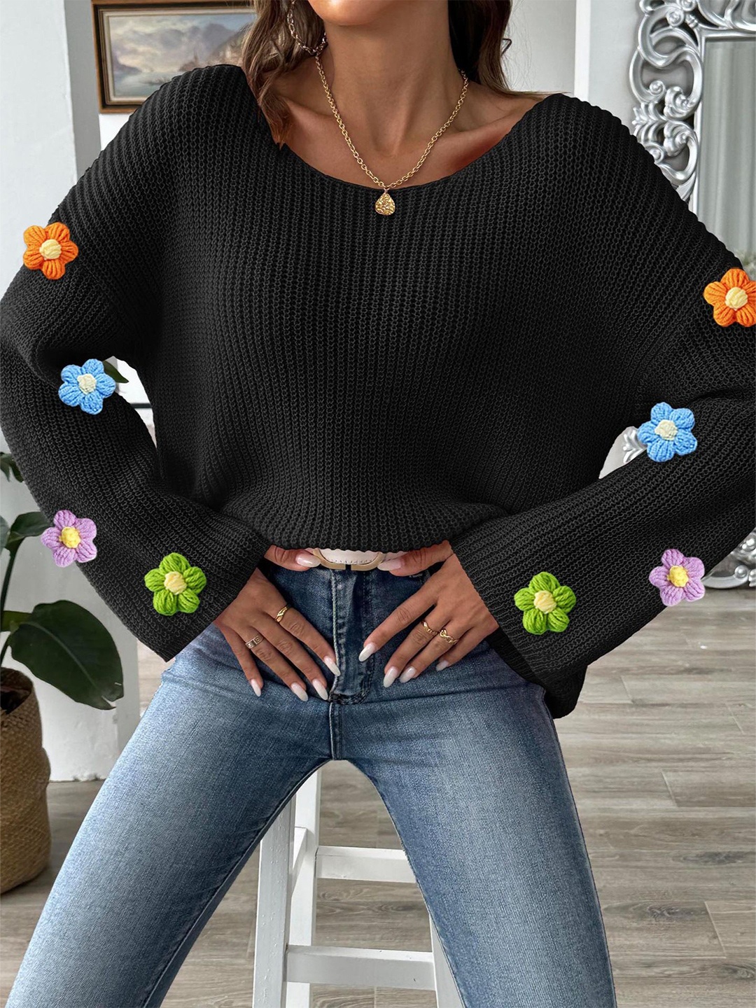 

StyleCast Women Embroidered Pullover with Embroidered Detail, Black