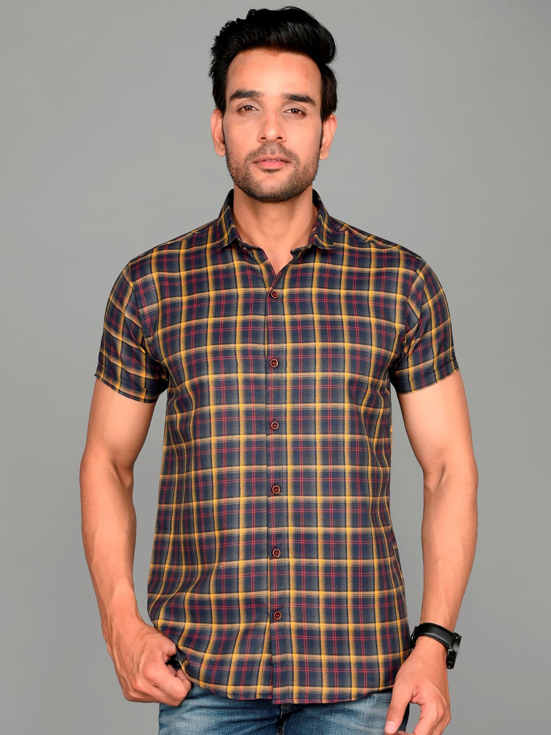 

Tanip Men Checked Comfort Fit Cotton Casual Shirt, Navy blue