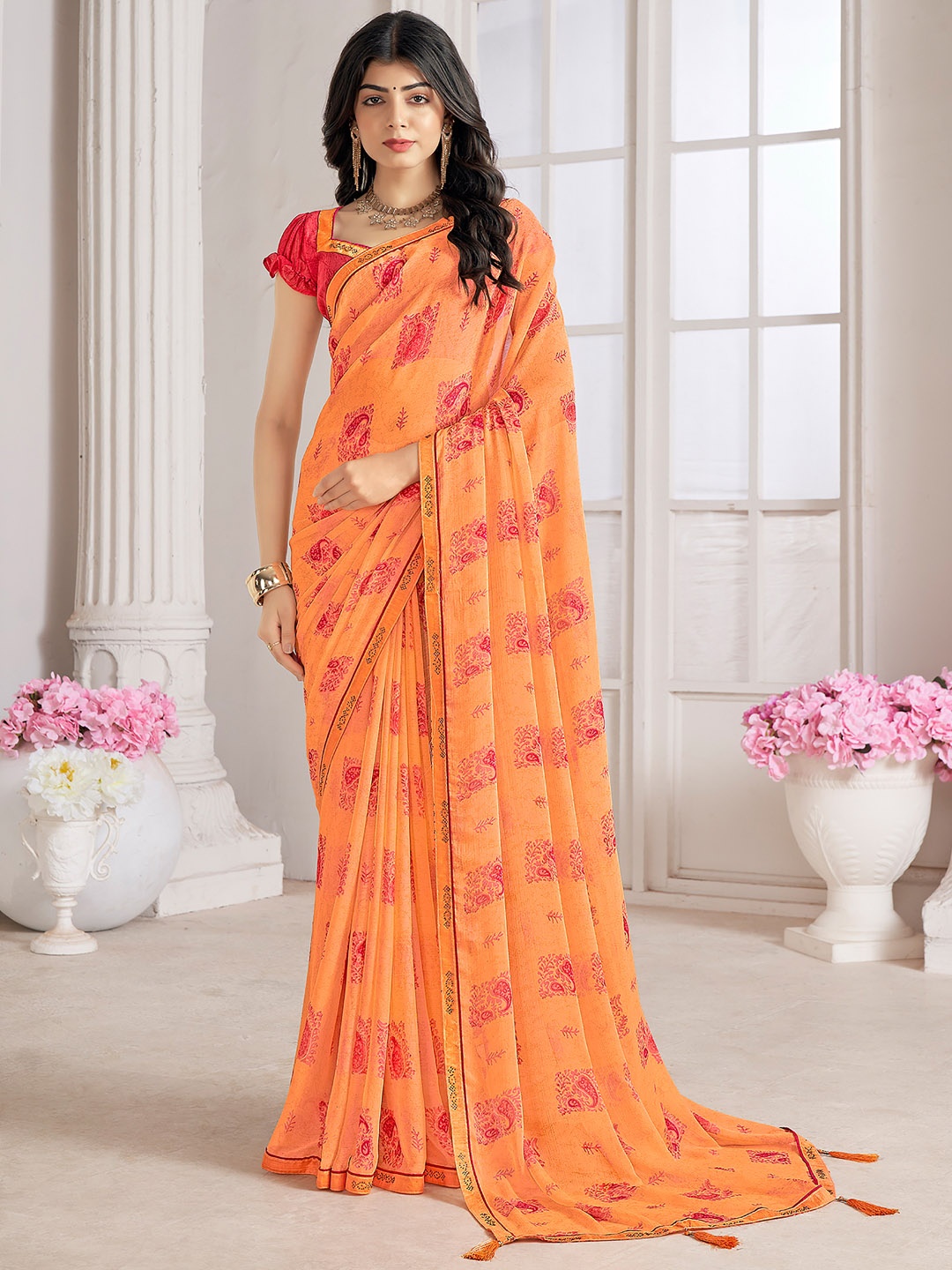 

Panzora Floral Beads and Stones Poly Chiffon Saree, Orange