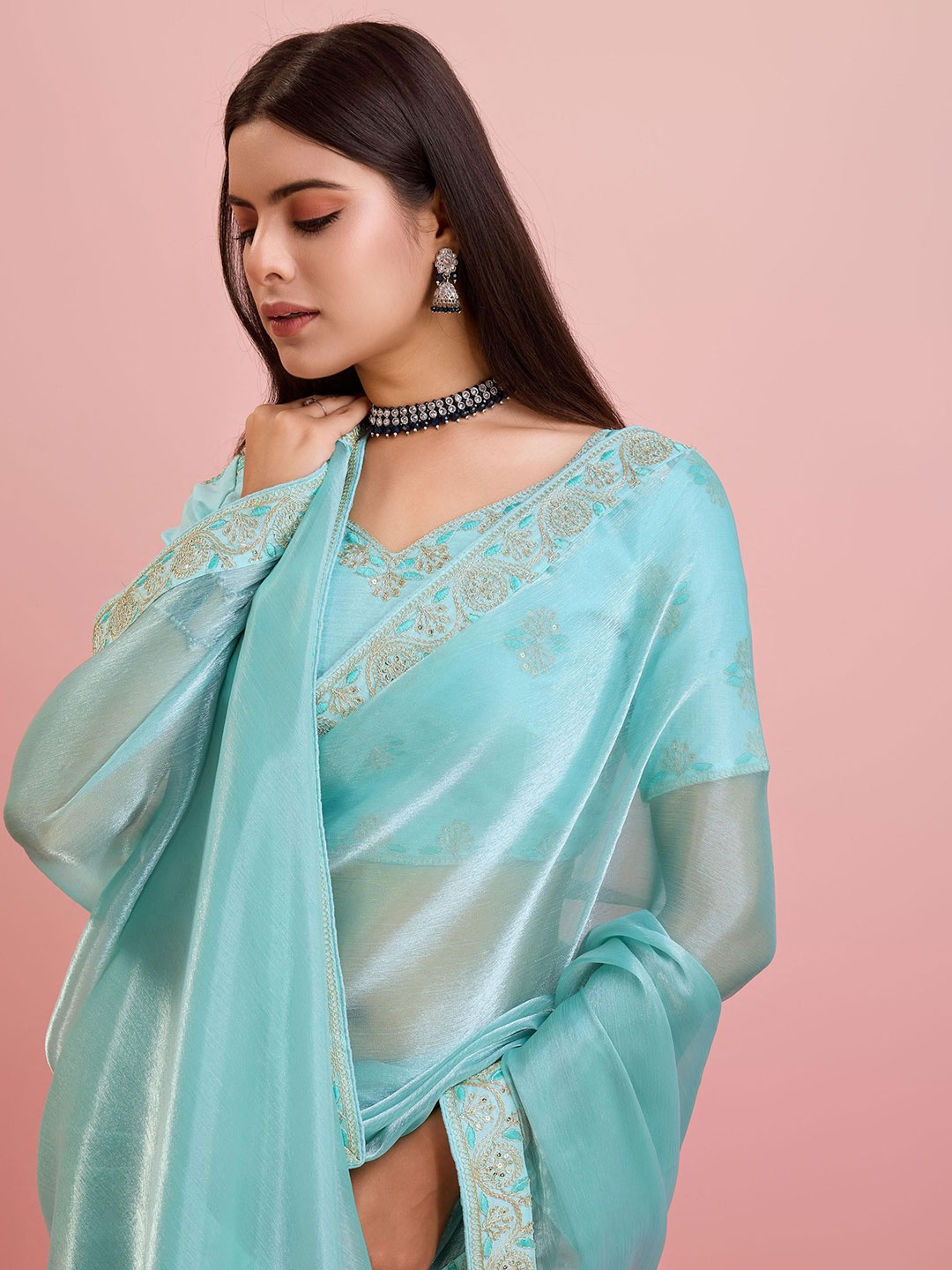 

HERE&NOW Embroidered Ready to Wear Saree, Blue