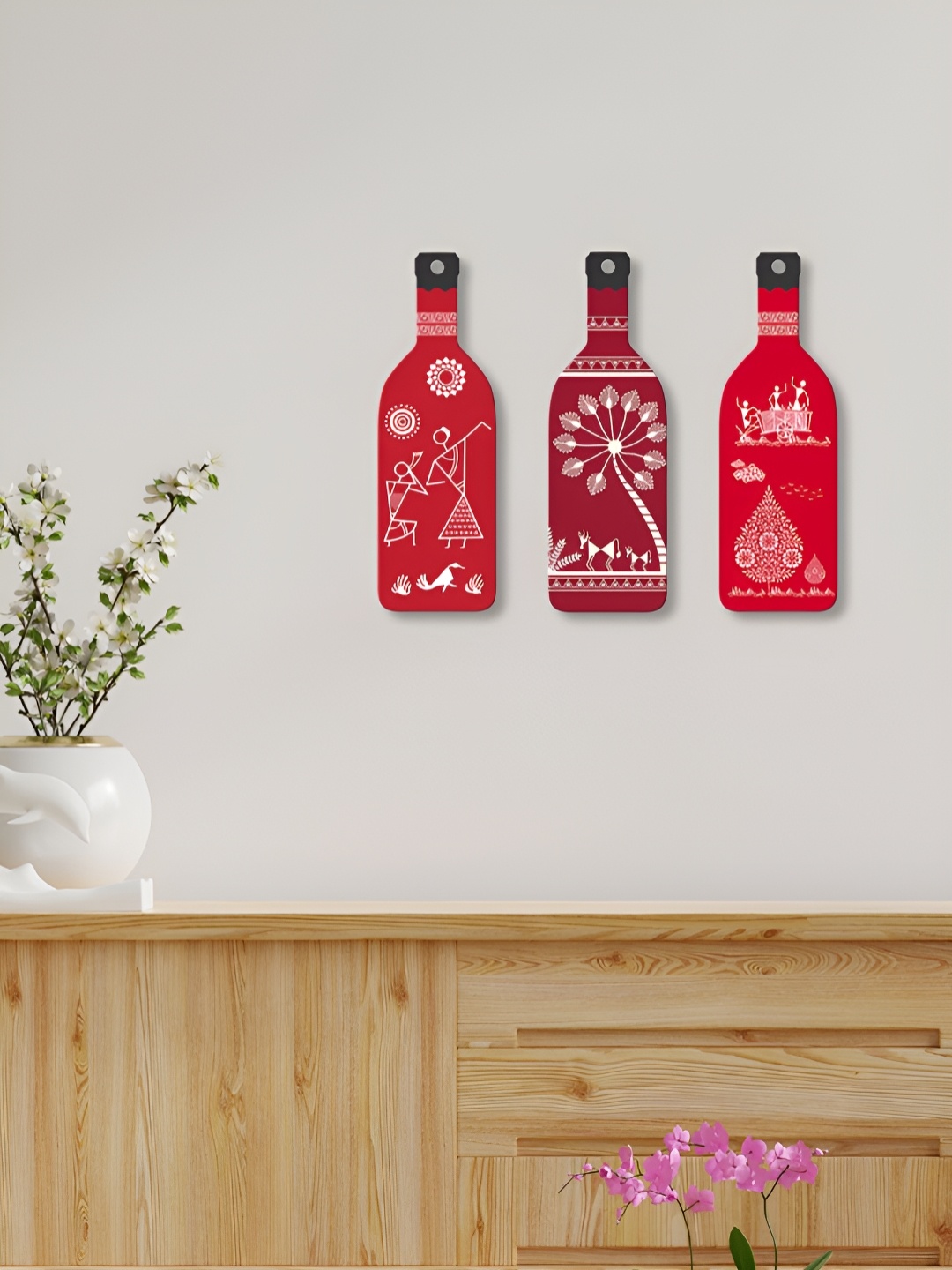 

ArtVibes 3Pcs Red & Maroon Printed Wooden Wall Decor Hangings