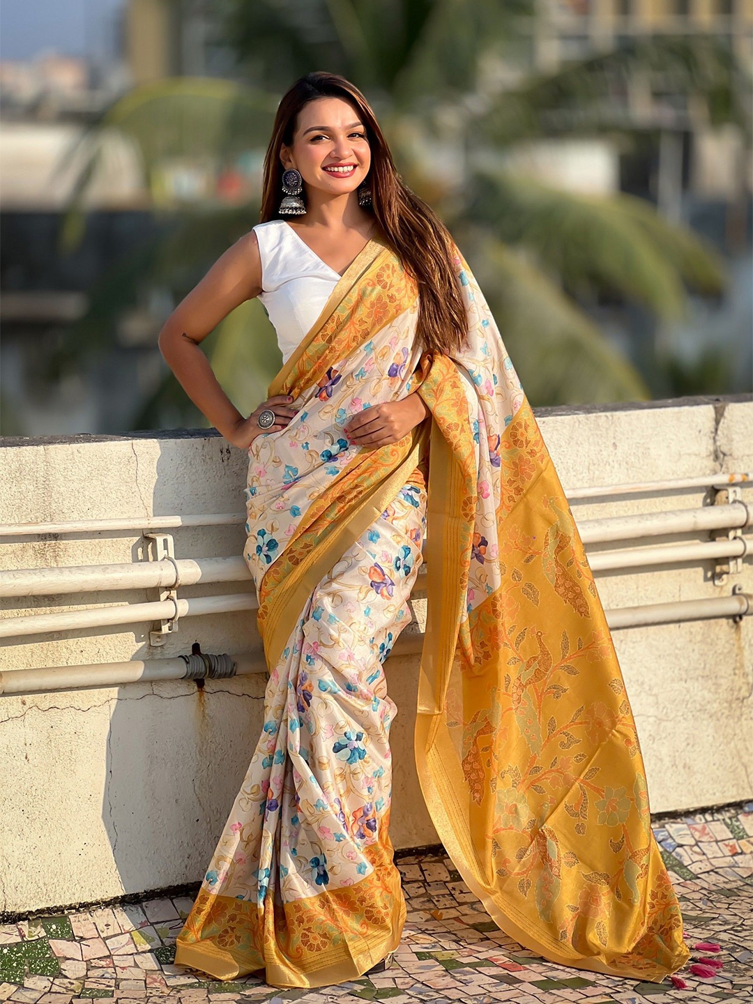 

KSM PRINTS Floral Silk Blend Saree, Mustard