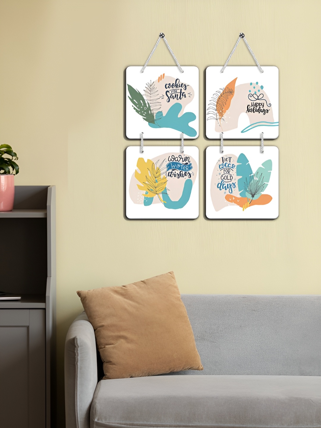 

OLIVE TREE 4-Pcs White & Blue Printed Wooden Wall Hangings