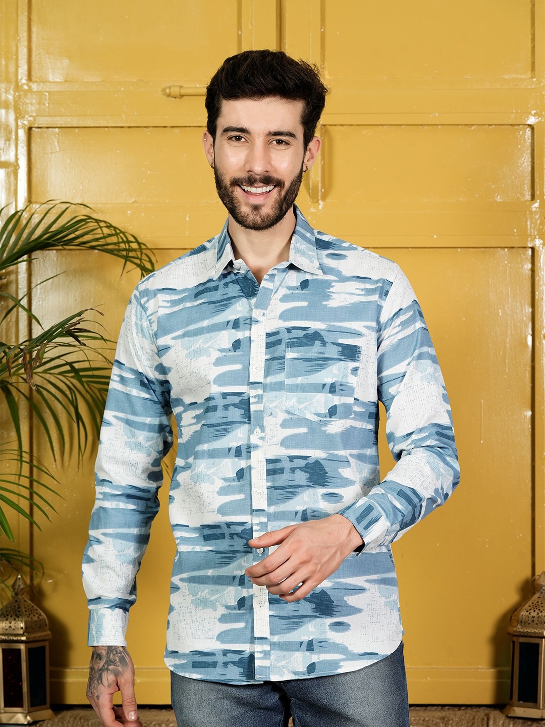 

Tanip Men Comfort Polka Dot Sheer Printed Casual Shirt, Blue