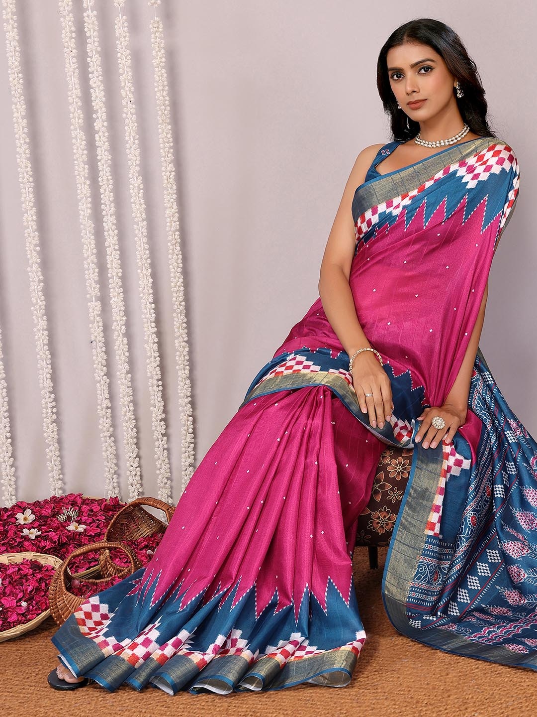 

KALINI Women's Chanderi Silk Geometric Printed Saree with Blouse Piece, Blue