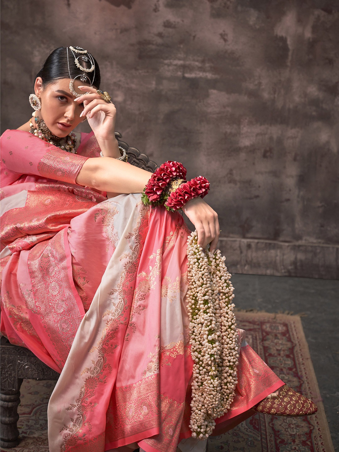 

Mitera Woven Design Zari Silk Blend Saree, Peach