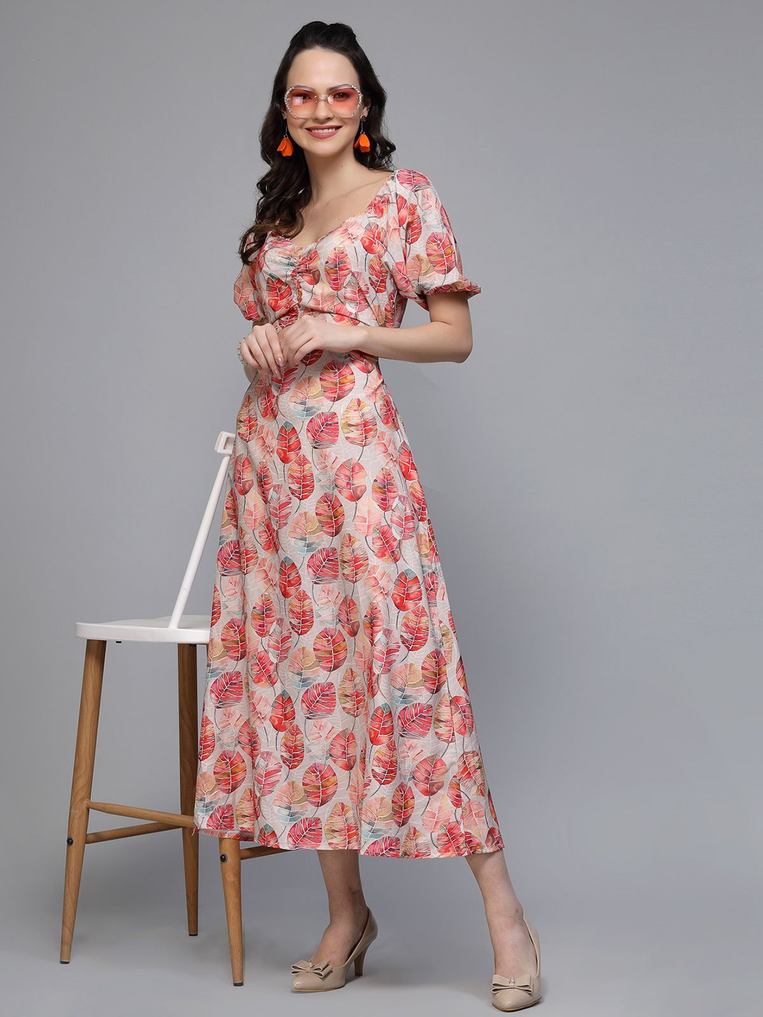 

Fabway Clothing Women Floral Printed Puff Sleeve Crepe A-Line Midi Dress, Beige