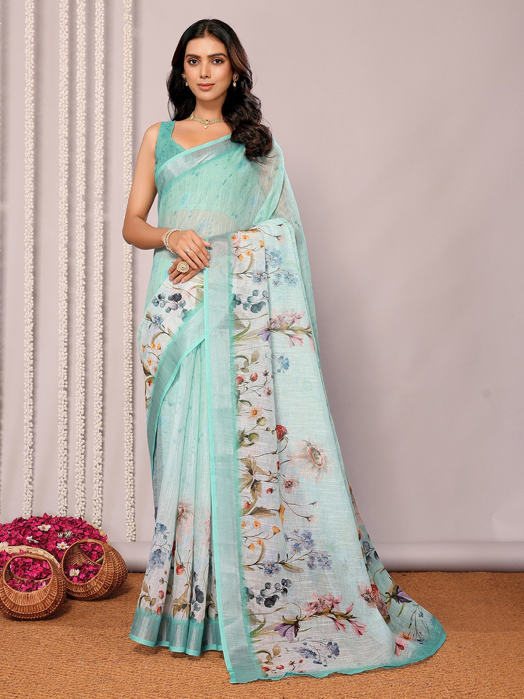 

KALINI Sea Green Linen Blend Floral Printed Daily Wear Saree with Blouse Piece