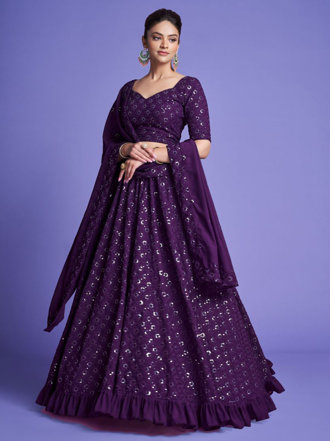 

Fashionuma Embroidered Sequinned Semi-Stitched Lehenga & Unstitched Blouse With Dupatta, Purple