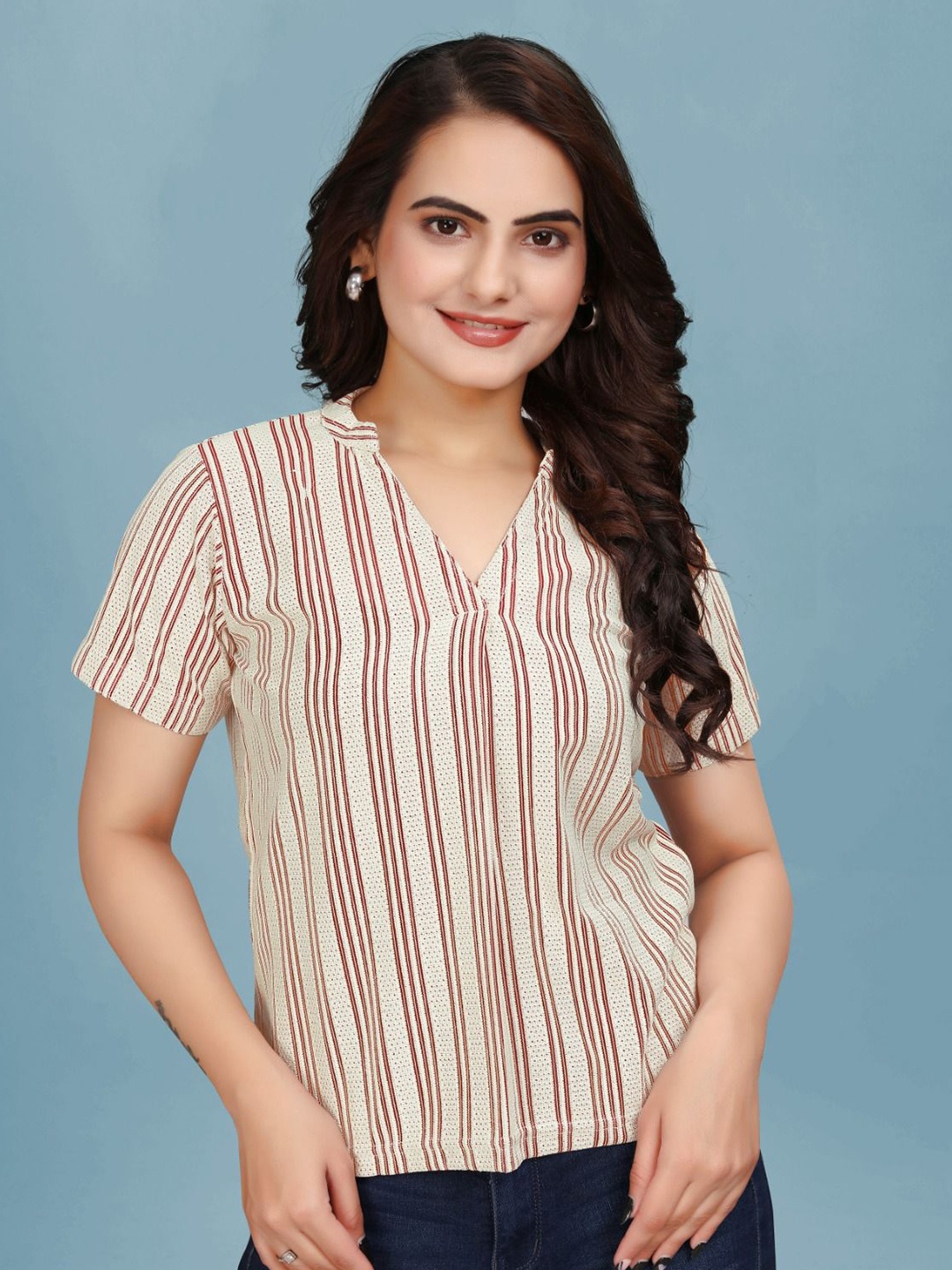 

RAHI TRENDZ Striped Mandarin Collar Cotton Top, Maroon