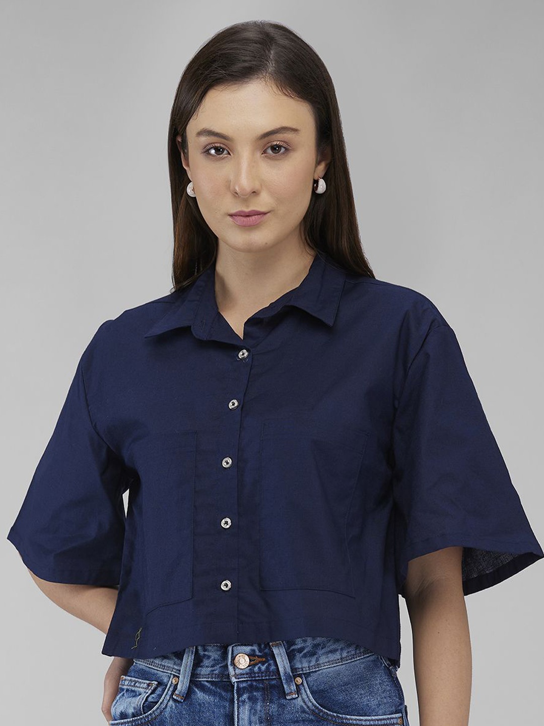

IZEL Women Boxy Solid Cotton Casual Shirt, Navy blue