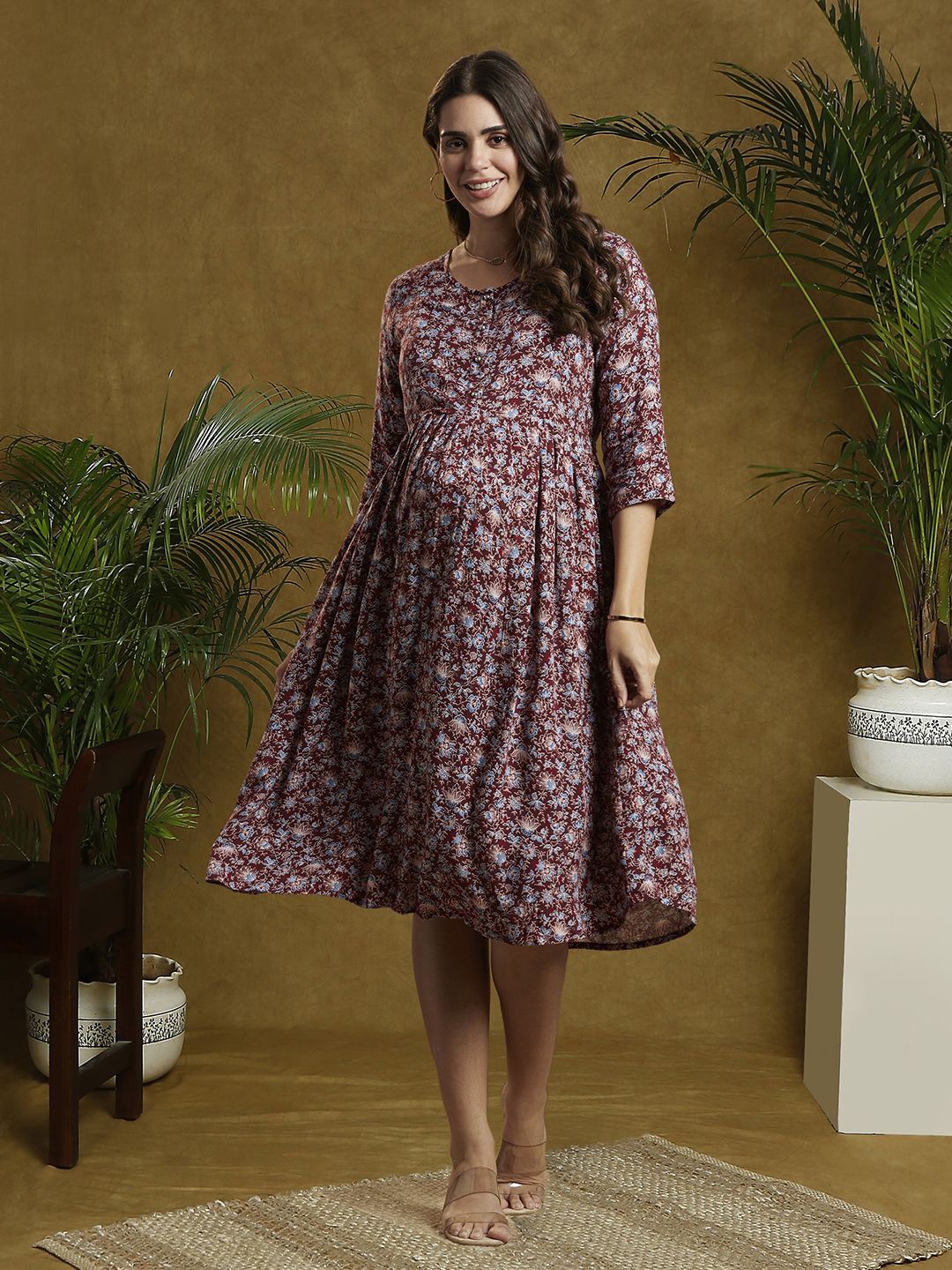 

MomToBe Floral Print Maternity Fit & Flare Dress, Maroon