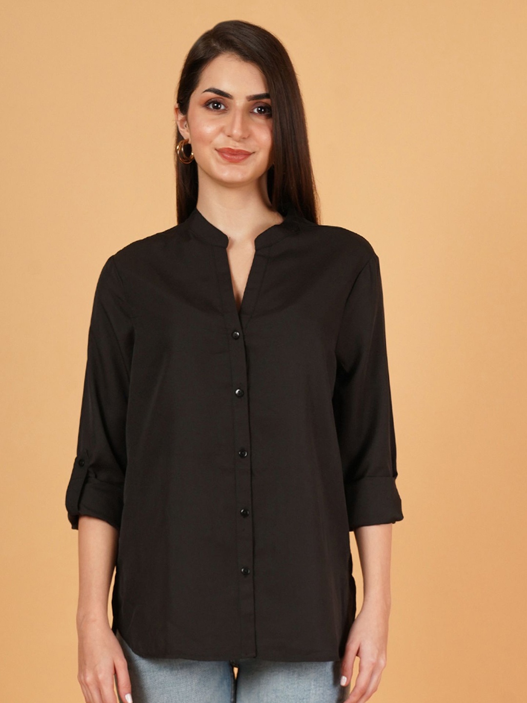 

IX IMPRESSION Mandarin Collar Top, Black