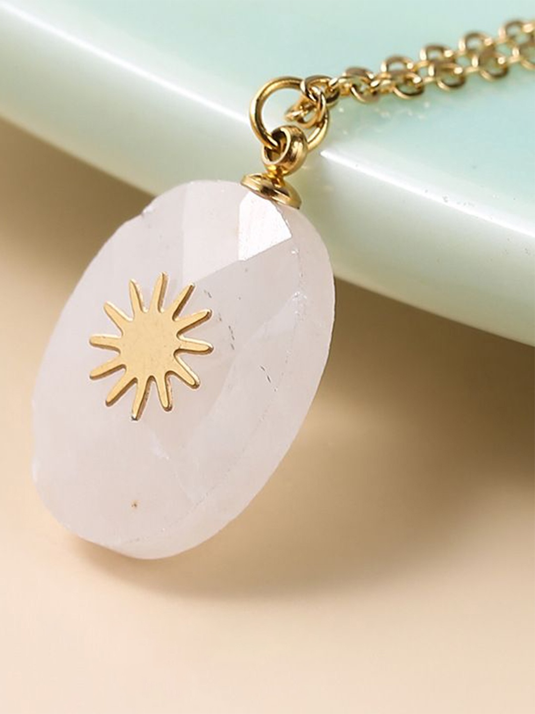 

Just Lil Things Stone Studded Oval Pendant With Chain, Gold