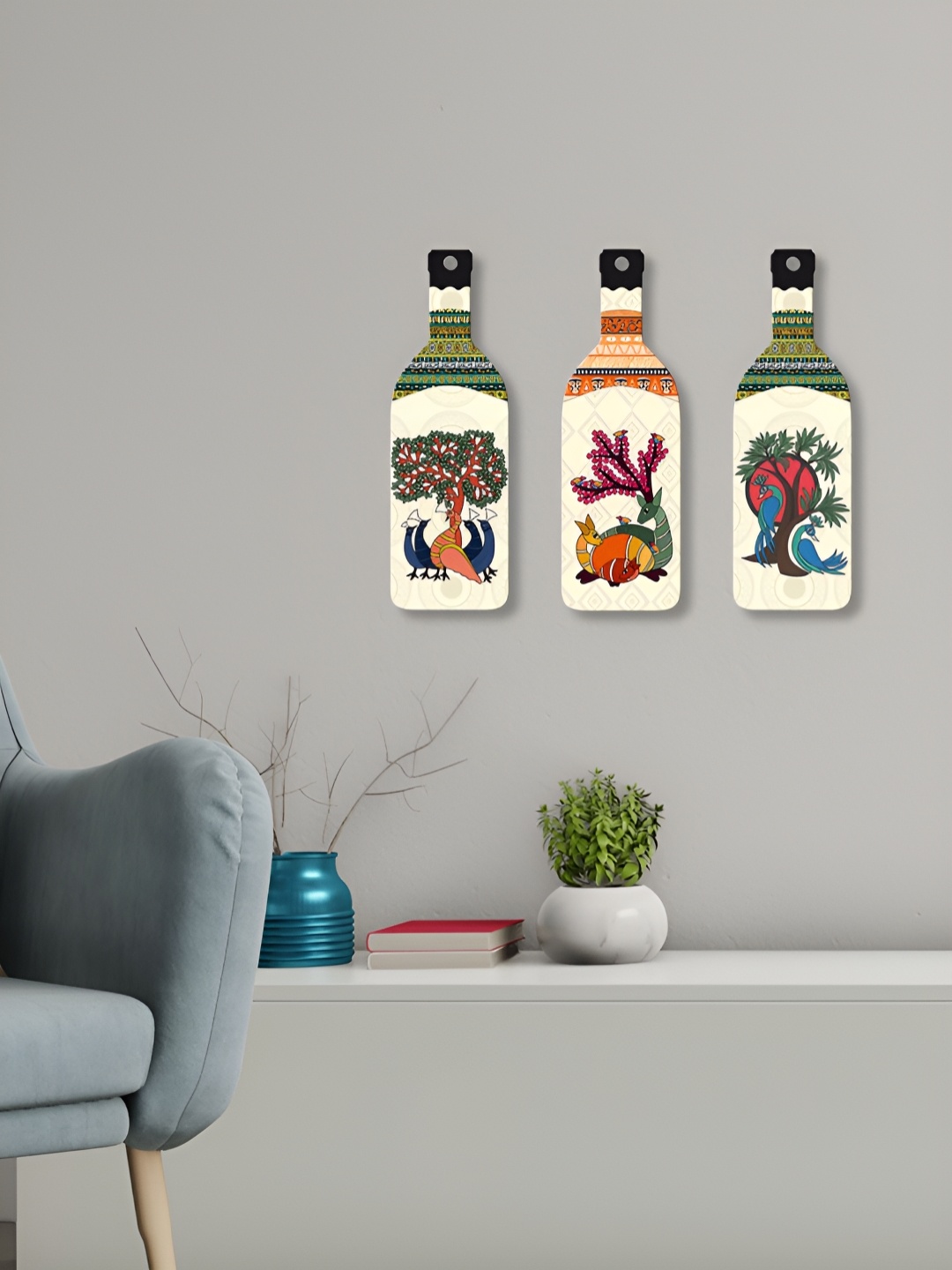 

ArtVibes Set Of 3 Green & Orange Coloured Madhubani Art Wooden Wall Hanging