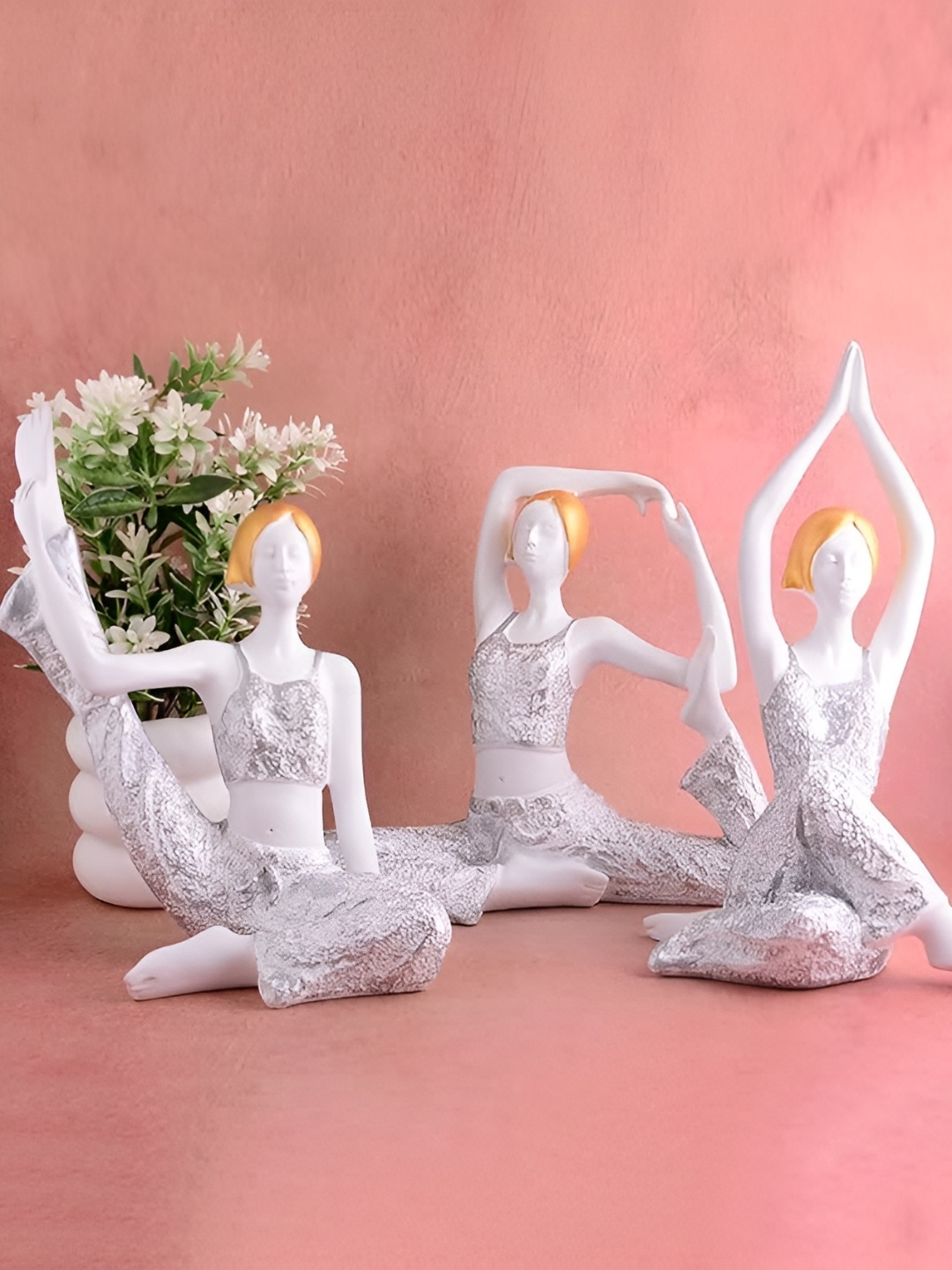 

Zart White & Silver Toned 3 Pieces Yoga Lady Figurine Showpieces