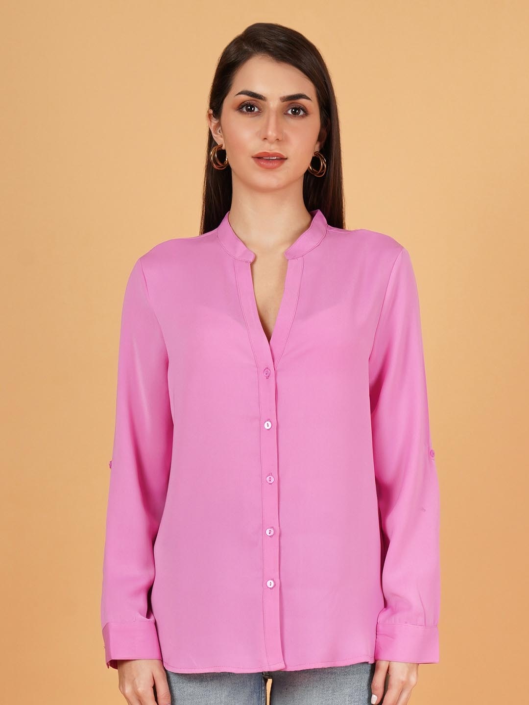 

IX IMPRESSION Mandarin Collar Top, Pink