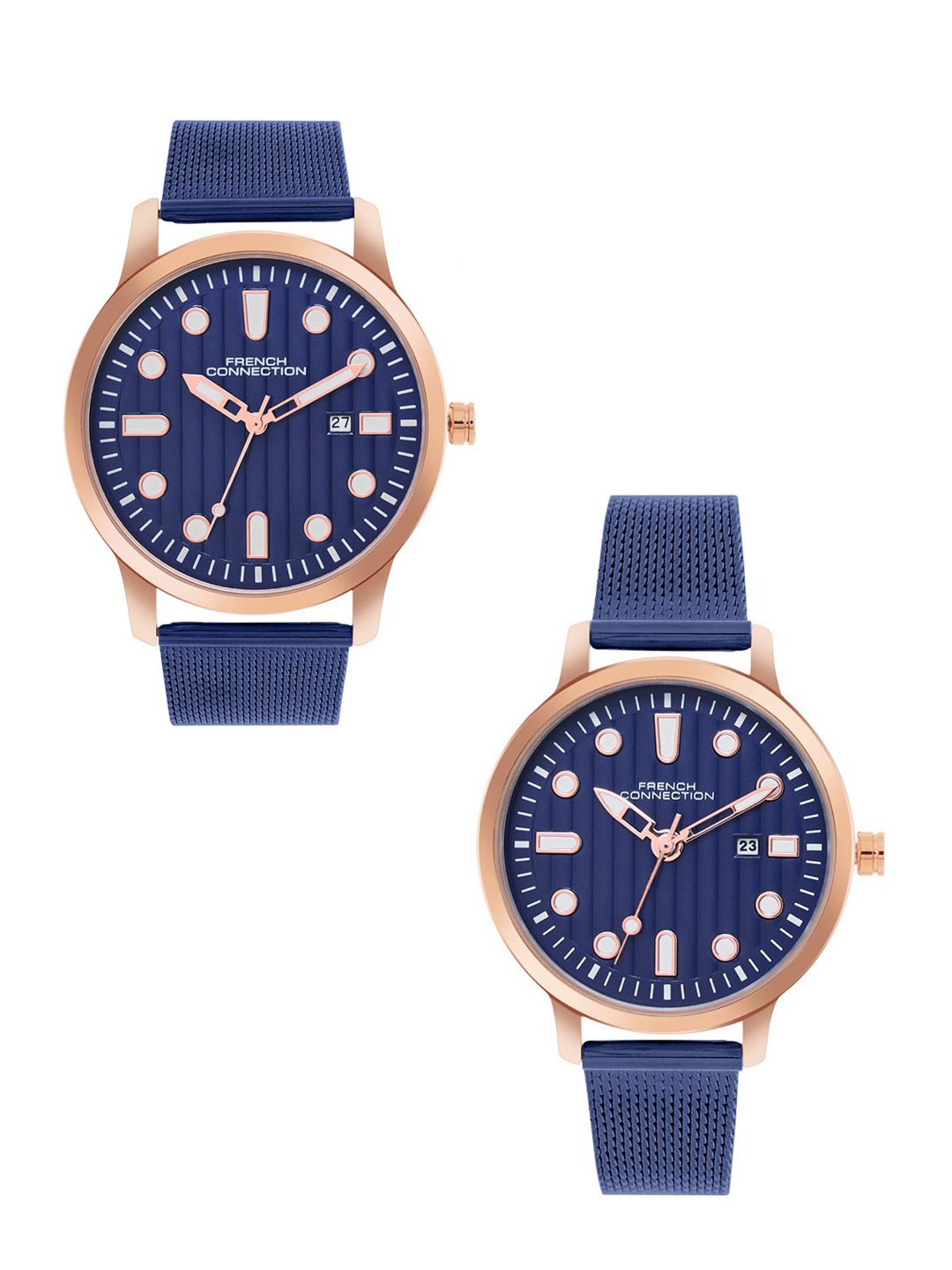 

French Connection Unisex Pack Of 2 Textured Dial Reset Time Analogue Watch FCN080UM, Blue