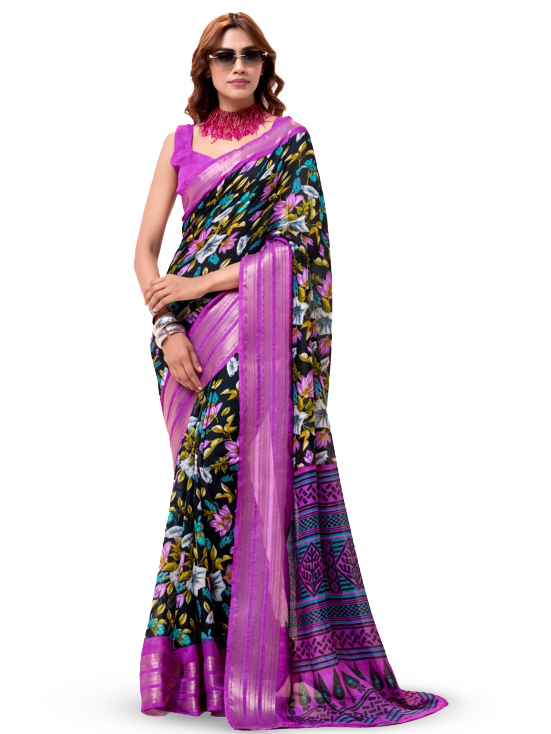 

CHUDIYA Floral Zari Pure Silk Saree, Purple