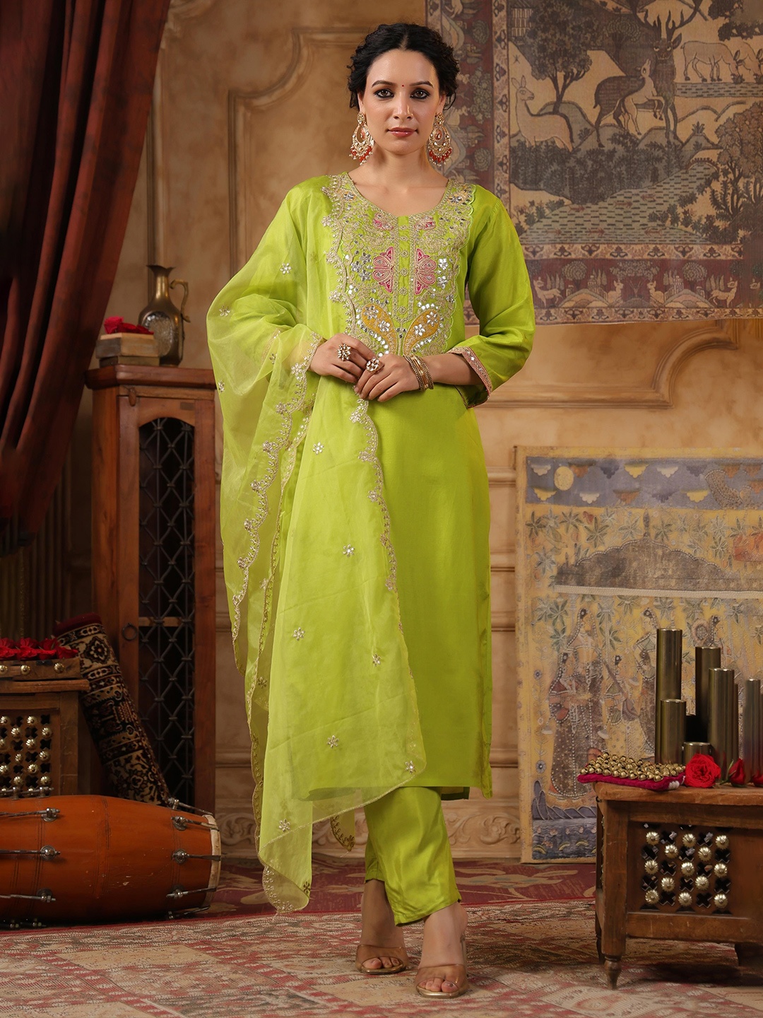 

SCAKHI Women Embroidered Regular Thread Work Dupion Silk Kurta with Trousers & With Dupatta, Lime green