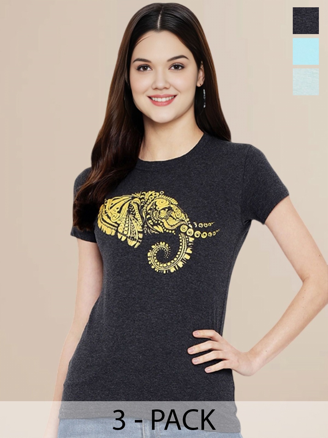 

Metronaut Women Pack Of 3 Graphic Printed Round Neck Cotton Looney Tunes T-shirts, Blue